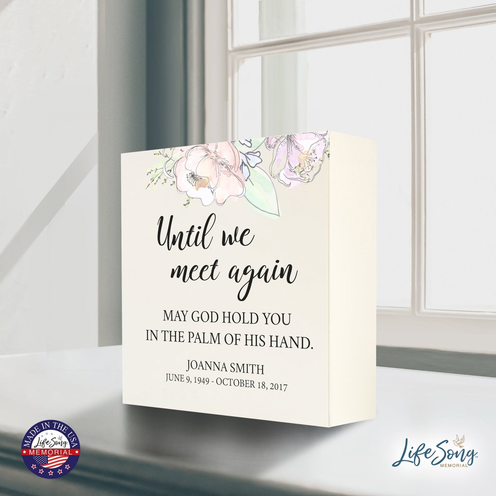 Personalized Modern Inspirational Memorial Wooden Shadow Box and Urn 10x10 holds 189 cu in of Human Ashes - Until We Meet Again (Palm) - LifeSong Milestones