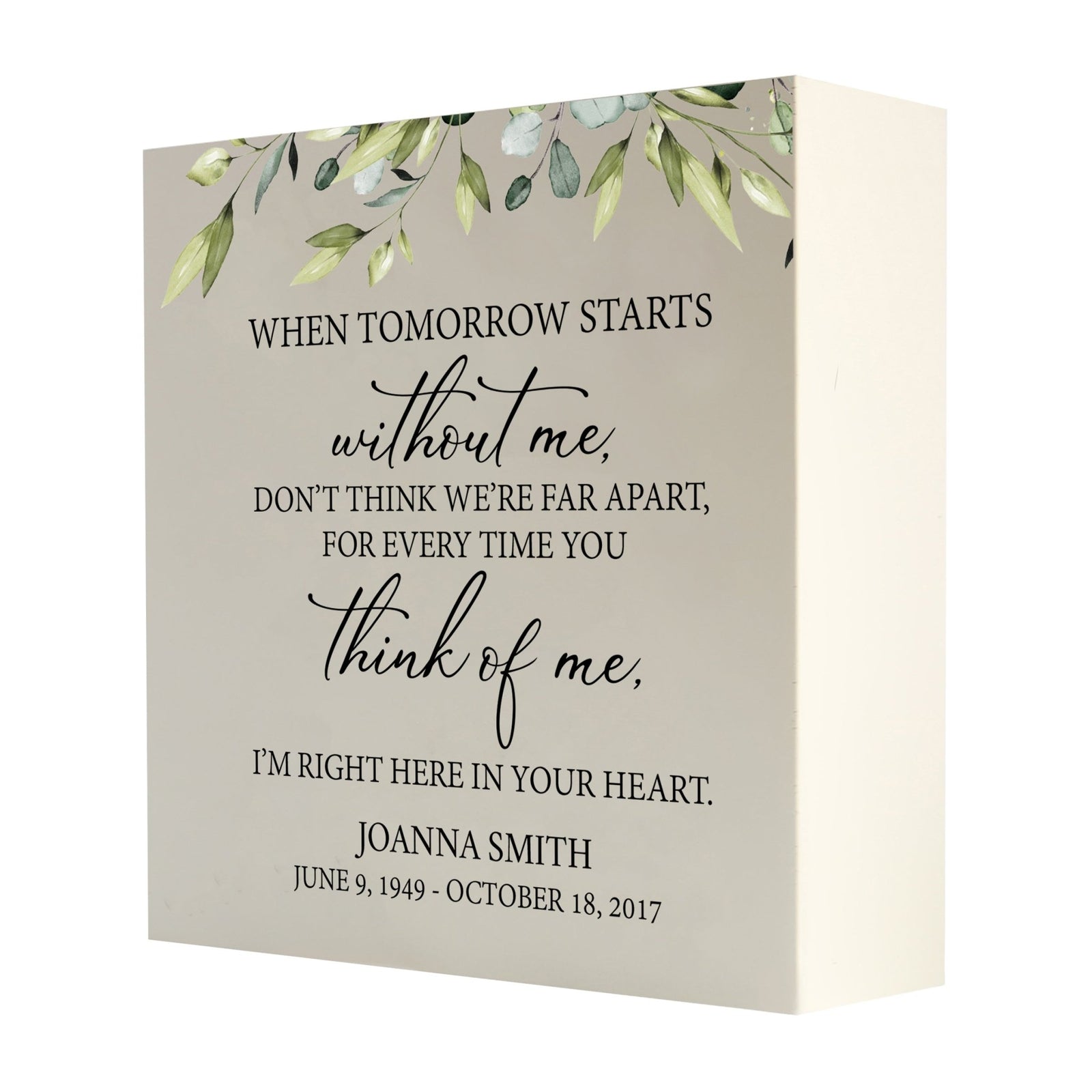 Personalized Modern Inspirational Memorial Wooden Shadow Box and Urn 10x10 holds 189 cu in of Human Ashes - When Tomorrow Starts (Ivory) - LifeSong Milestones
