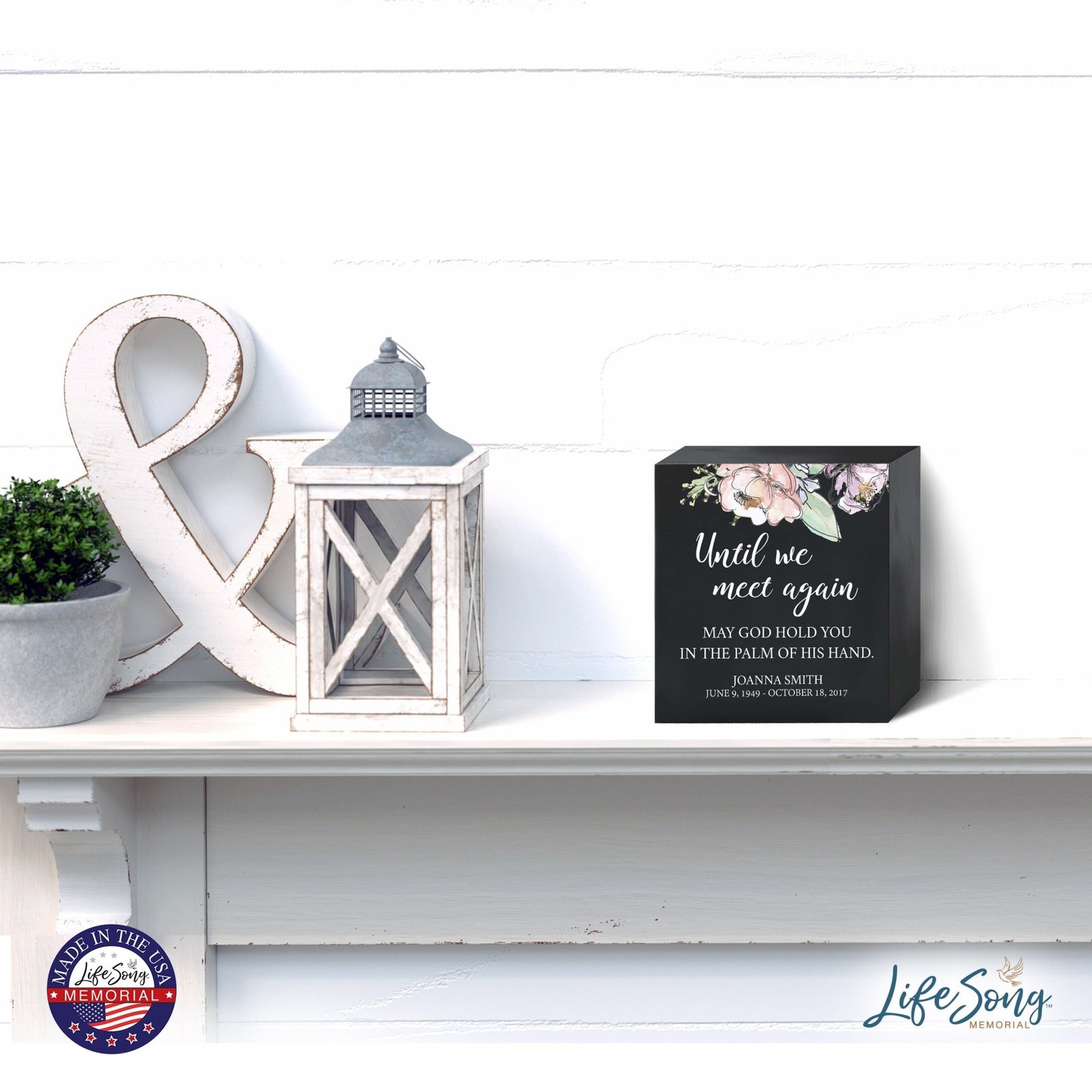 Personalized Modern Inspirational Memorial Wooden Shadow Box and Urn 6x6 holds 53 cu in of Human Ashes - Until We Meet Again (Palm) - LifeSong Milestones