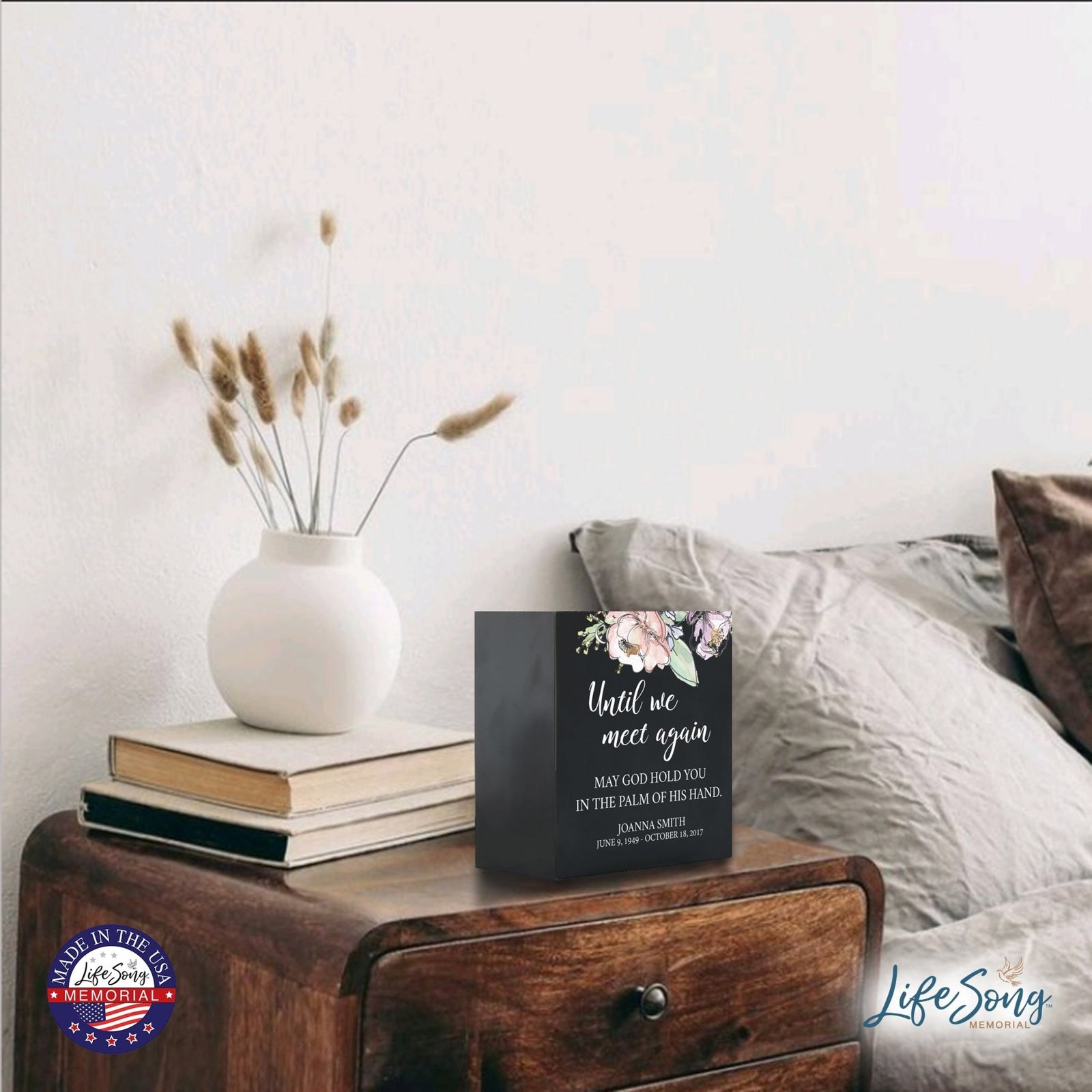 Personalized Modern Inspirational Memorial Wooden Shadow Box and Urn 6x6 holds 53 cu in of Human Ashes - Until We Meet Again (Palm) - LifeSong Milestones