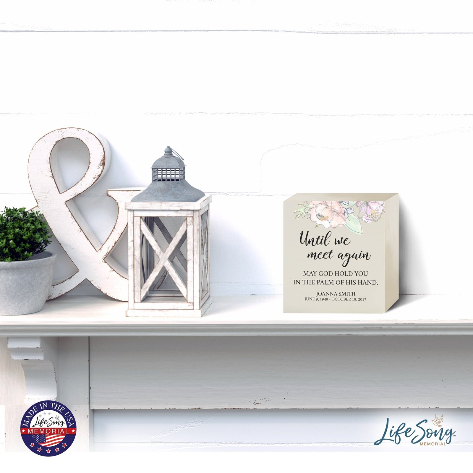 Personalized Modern Inspirational Memorial Wooden Shadow Box and Urn 6x6 holds 53 cu in of Human Ashes - Until We Meet Again (Palm) - LifeSong Milestones