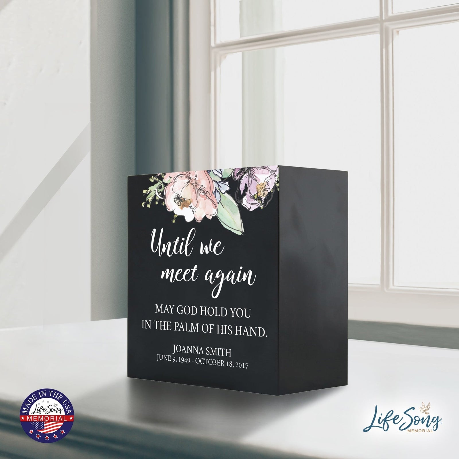 Personalized Modern Inspirational Memorial Wooden Shadow Box and Urn 6x6 holds 53 cu in of Human Ashes - Until We Meet Again (Palm) - LifeSong Milestones