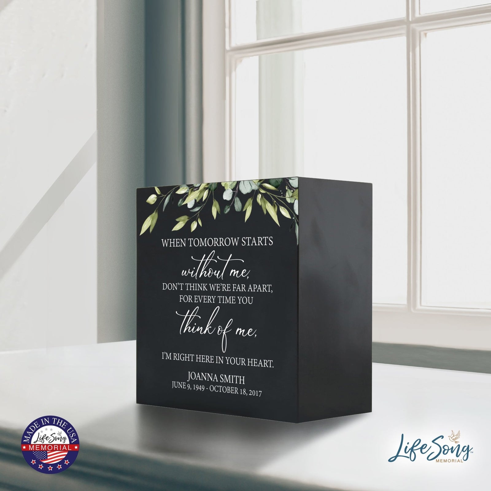 Personalized Modern Inspirational Memorial Wooden Shadow Box and Urn 6x6 holds 53 cu in of Human Ashes - When Tomorrow Starts (Black) - LifeSong Milestones