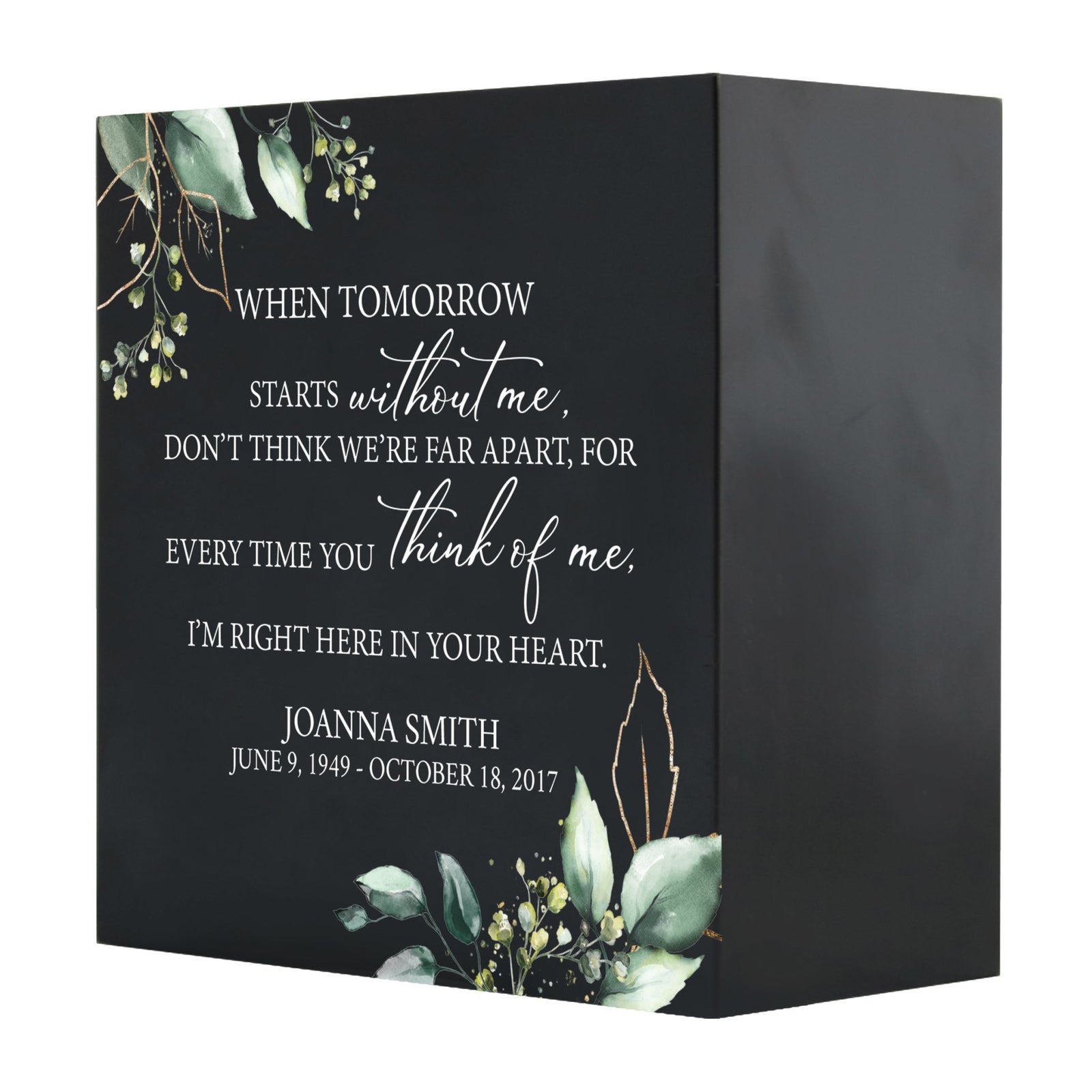 Personalized Modern Inspirational Memorial Wooden Shadow Box and Urn 6x6 holds 53 cu in of Human Ashes - When Tomorrow Starts (Black) - LifeSong Milestones