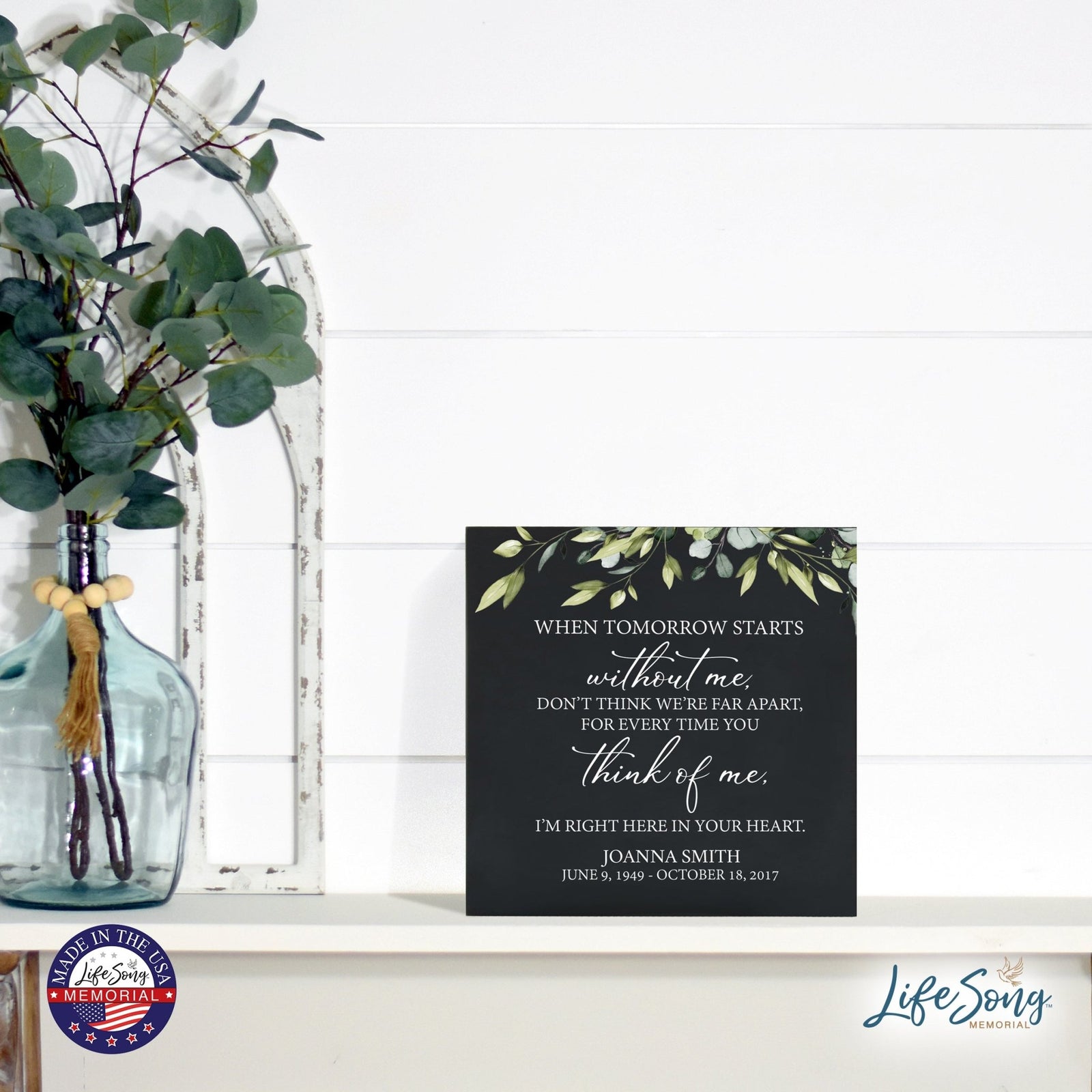 Personalized Modern Inspirational Memorial Wooden Shadow Box and Urn 6x6 holds 53 cu in of Human Ashes - When Tomorrow Starts (Black) - LifeSong Milestones