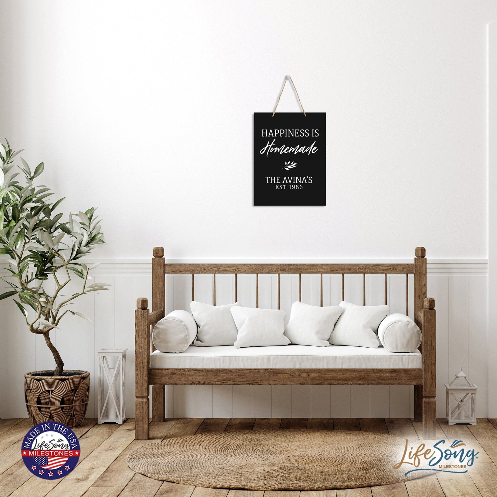 Personalized Modern Inspirational Wooden Wall Art Hanging Sign 12x15in - Happiness Is Homemade - For Family And Home Decorations - LifeSong Milestones