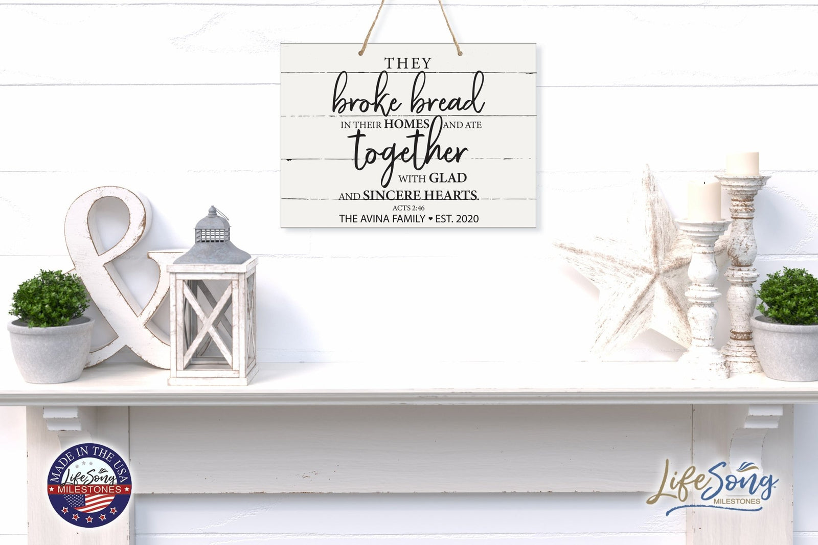 Personalized Modern Wooden Horizontal / Vertical Wall Hanging Rope Sign 12x15 - They Broke Bread - LifeSong Milestones