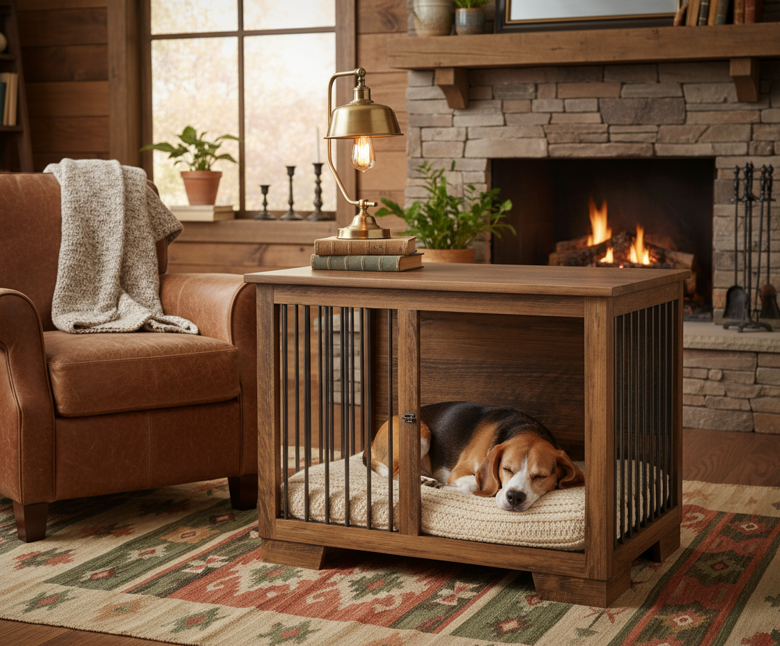 Wooden Dog Crate Furniture Medium - Heavy Duty Pet Kennel with Single Hinged Door | Handcrafted USA Dog House