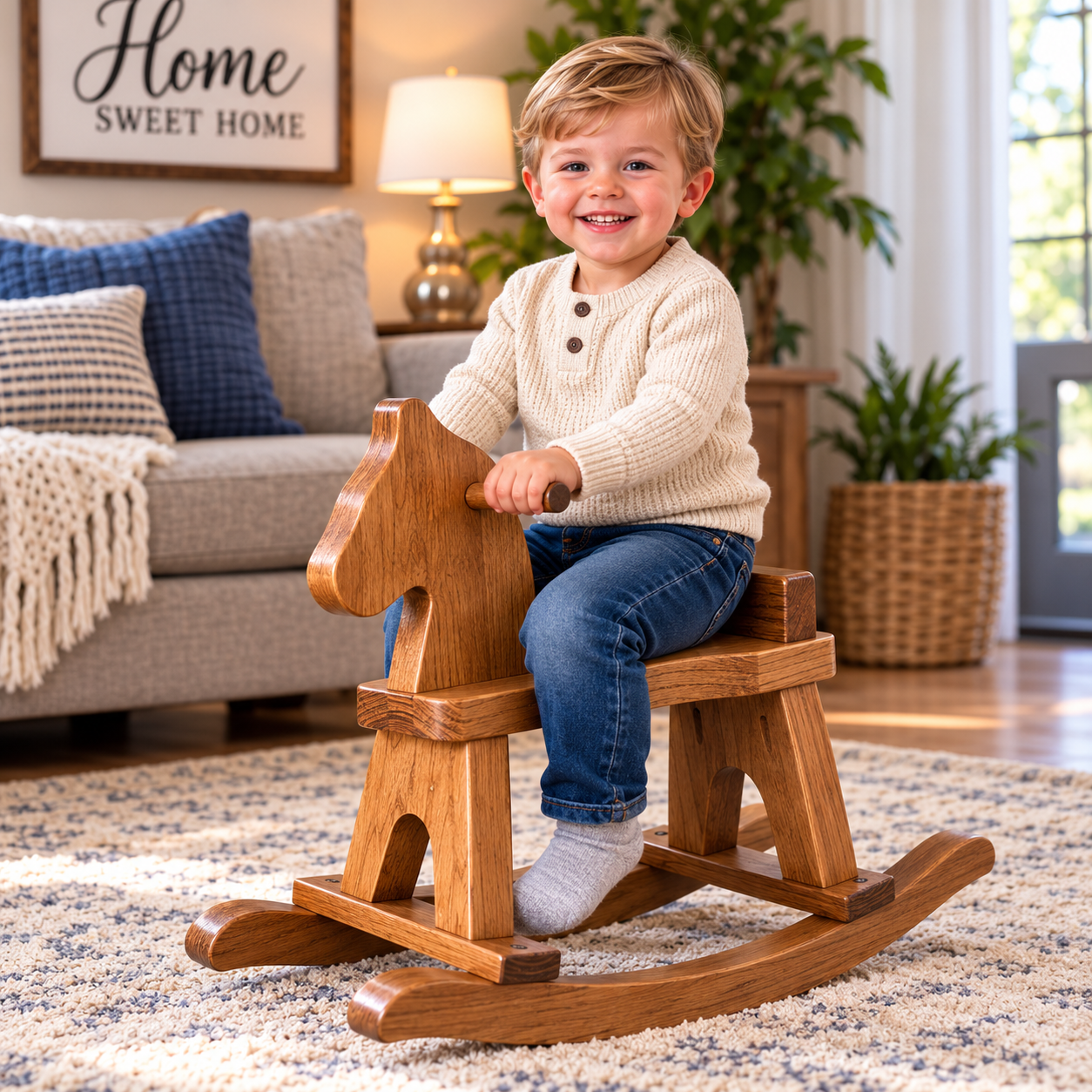 Small solid wood rocking horse in a warm brown harvest stain, 18 inches tall, made in the USA

