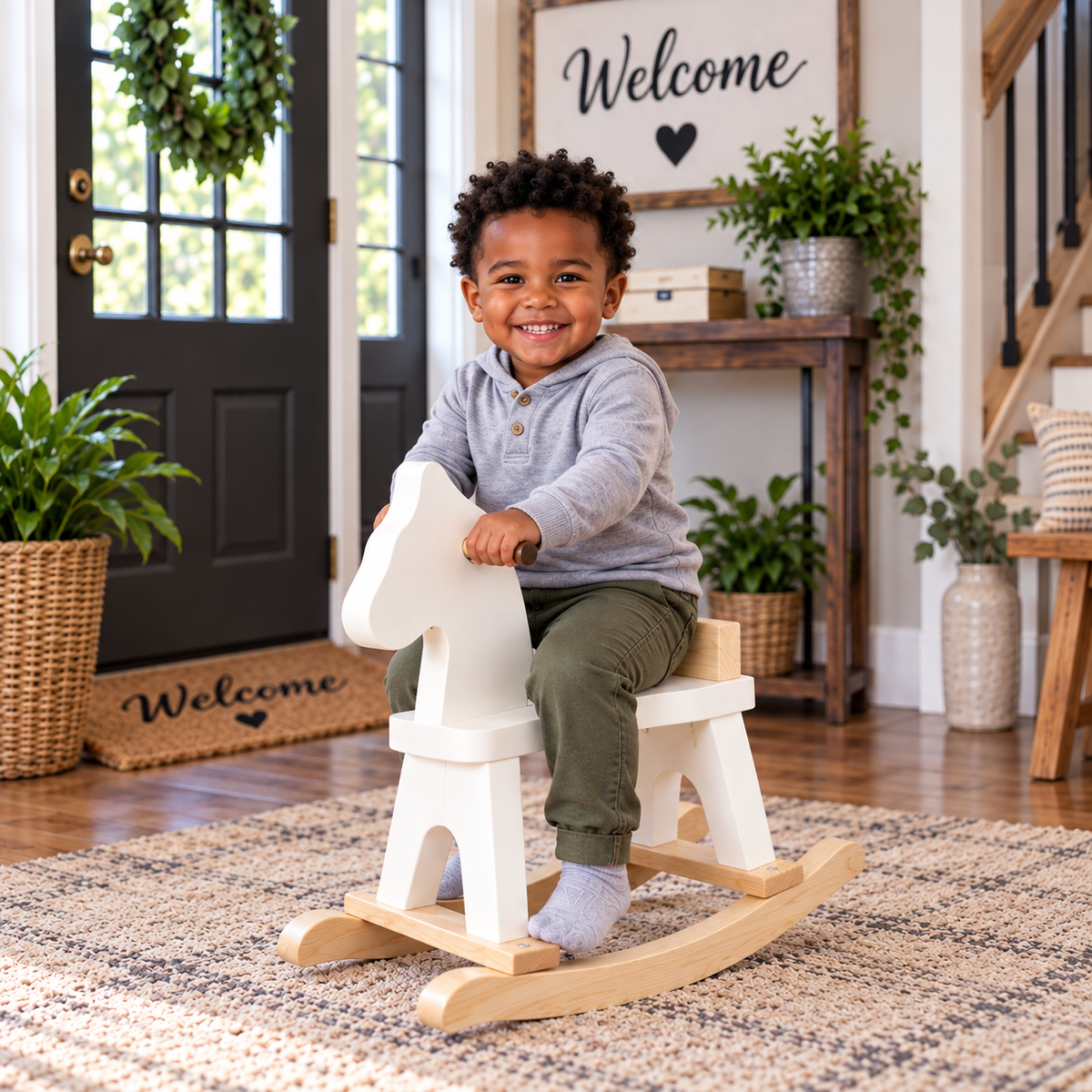 Small solid wood rocking horse with a white painted body and natural wood rockers, 18 inches tall, made in the USA
