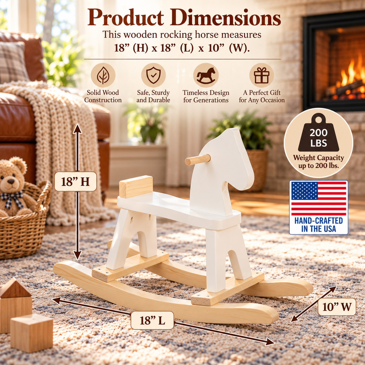 Solid Wood Rocking Horse - White Finish, Made in USA, 18" H x 10" W x 18" L