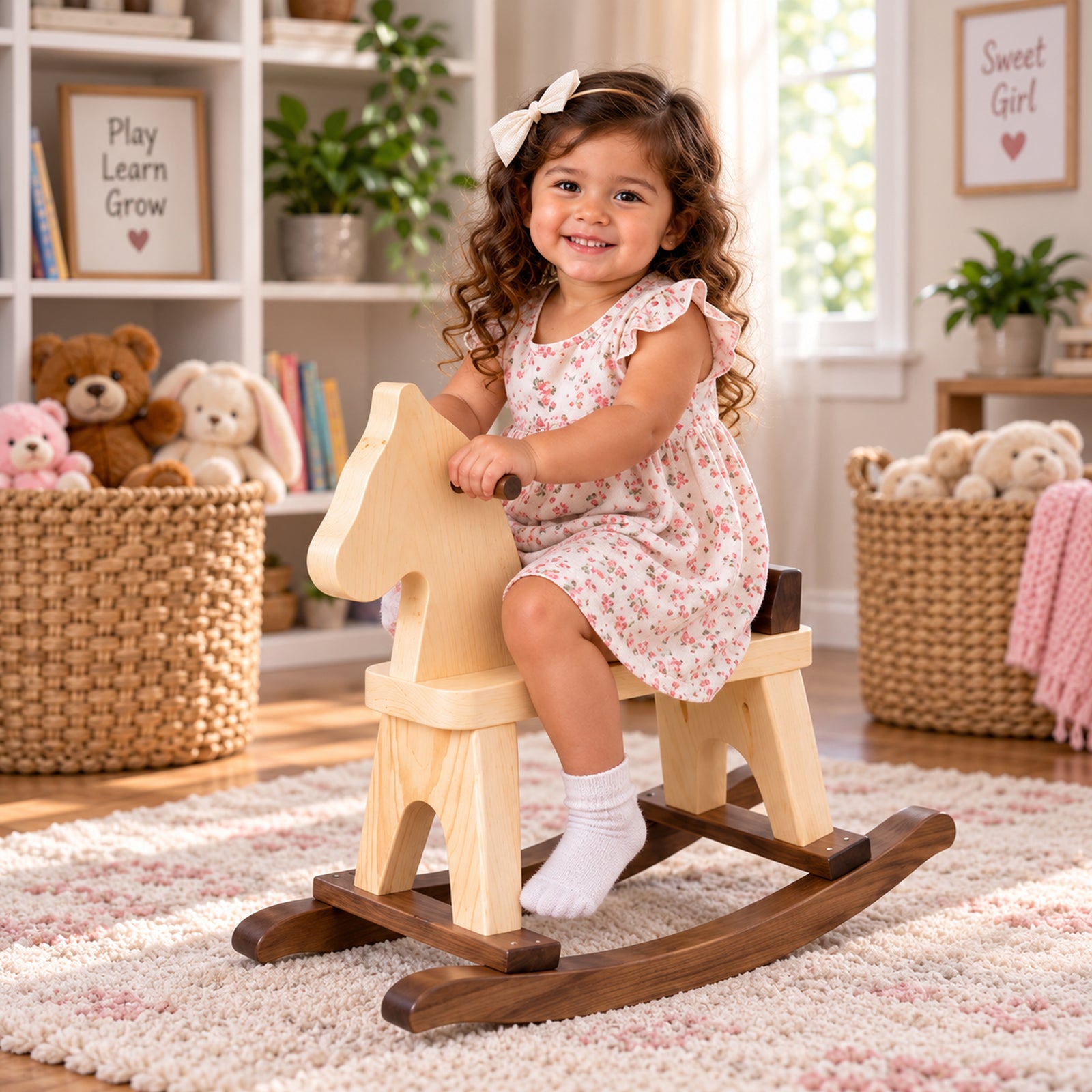 Solid Wood Rocking Horse - Walnut & Natural Finish, Made in USA, 18" H x 10" W x 18" L