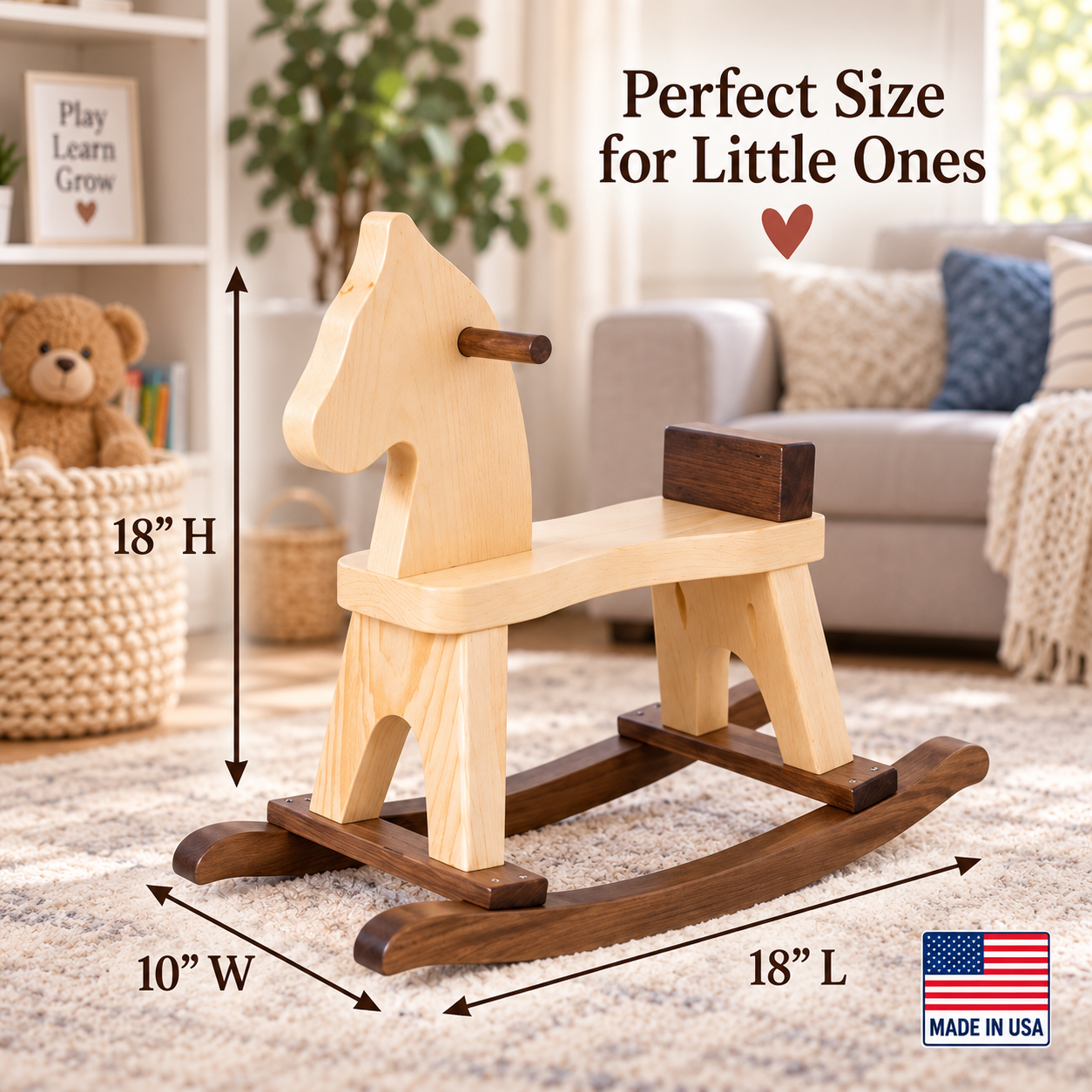 perfect size for little ones Small two-tone solid wood rocking horse with a natural wood body and walnut-stained rockers 18 inches tall, made in the USA