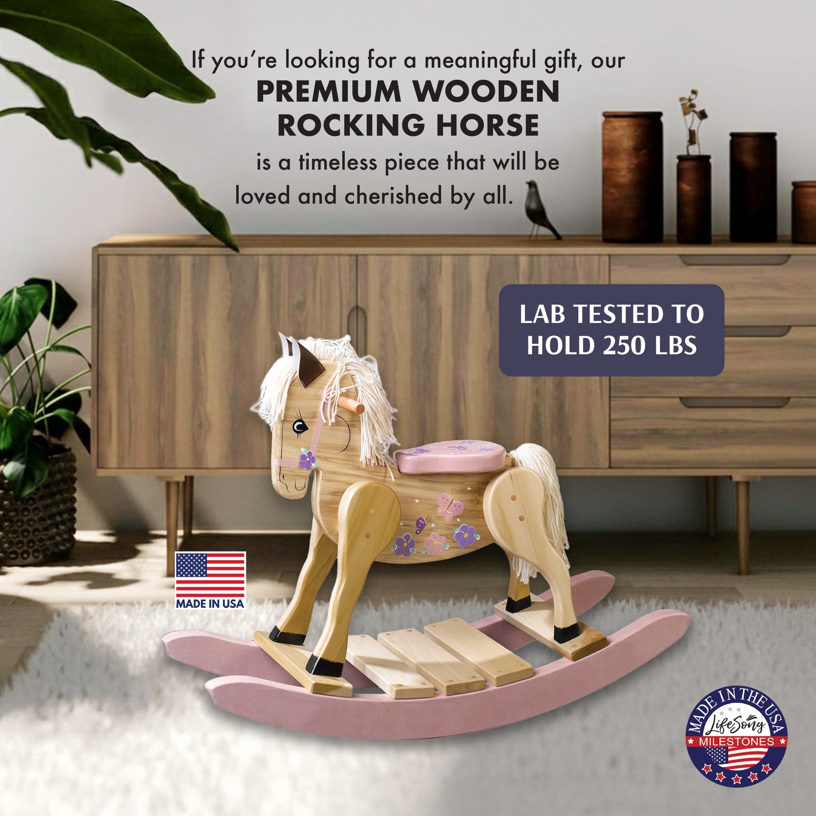Wooden rocking horse in living room with 250 lb capacity
