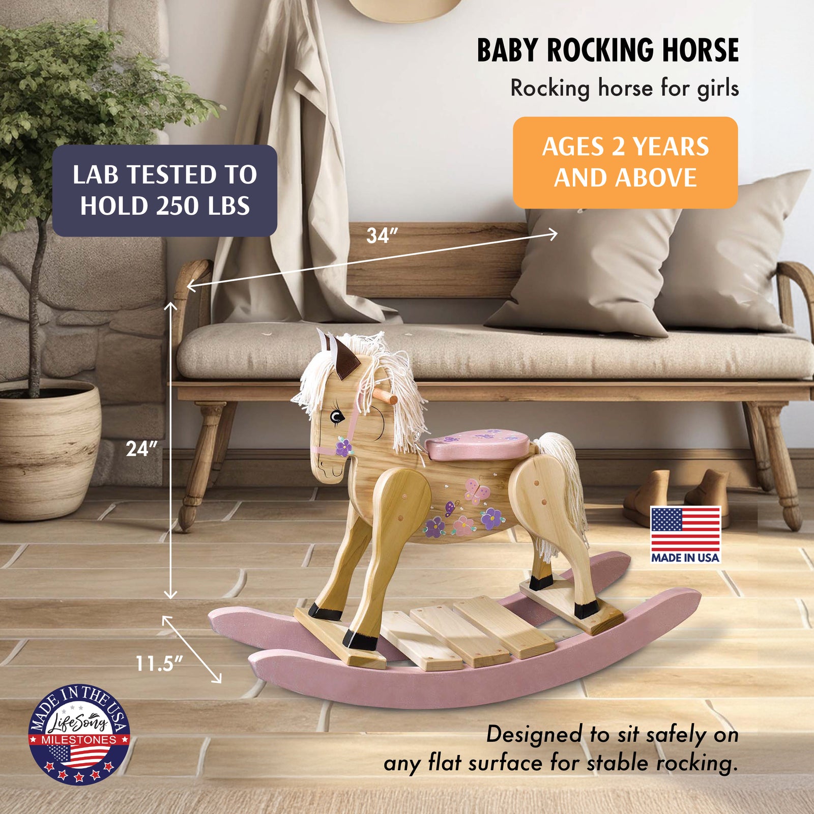 Wooden rocking horse with dimensions and 250 lb weight test badge