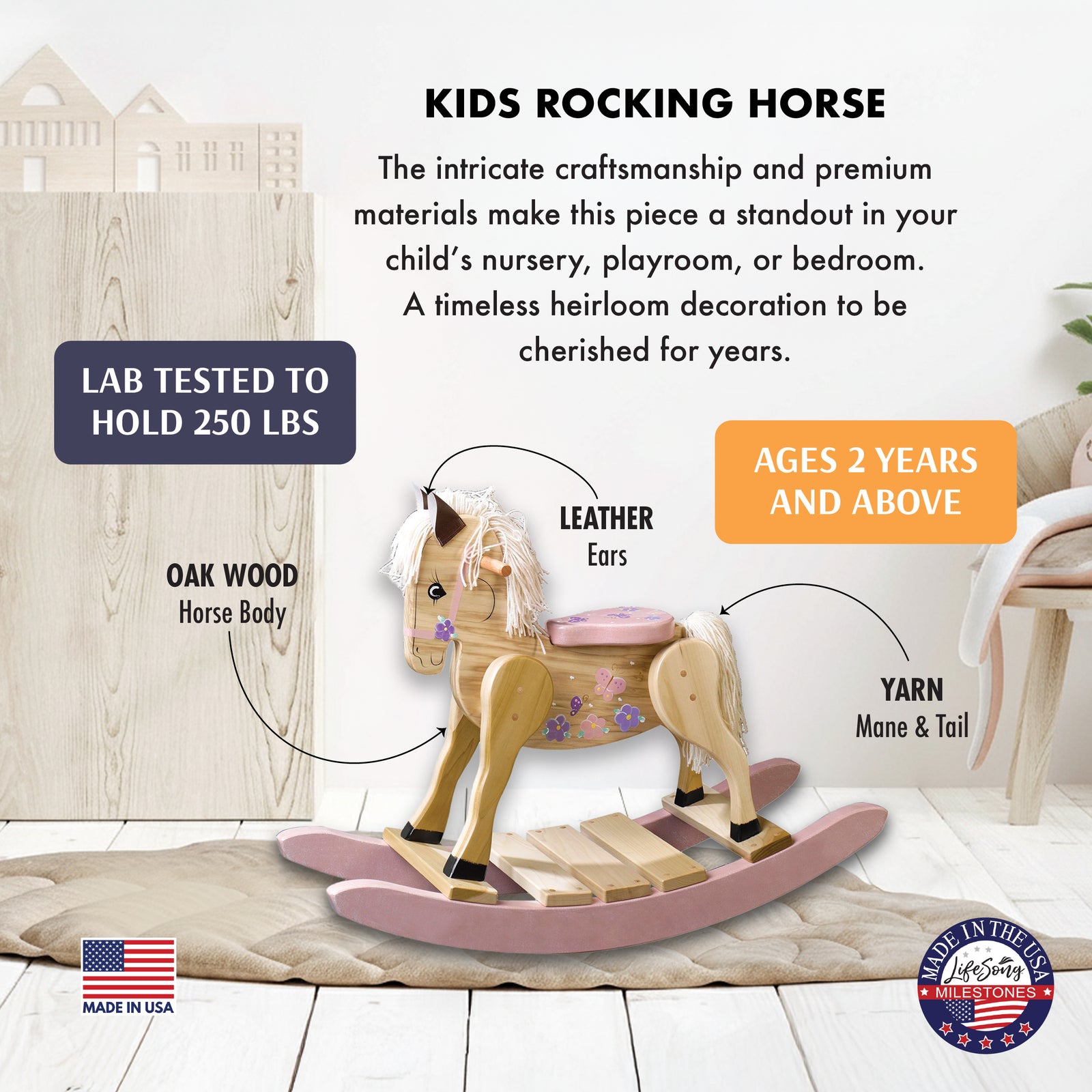 Kids wooden rocking horse with labeled safety features
