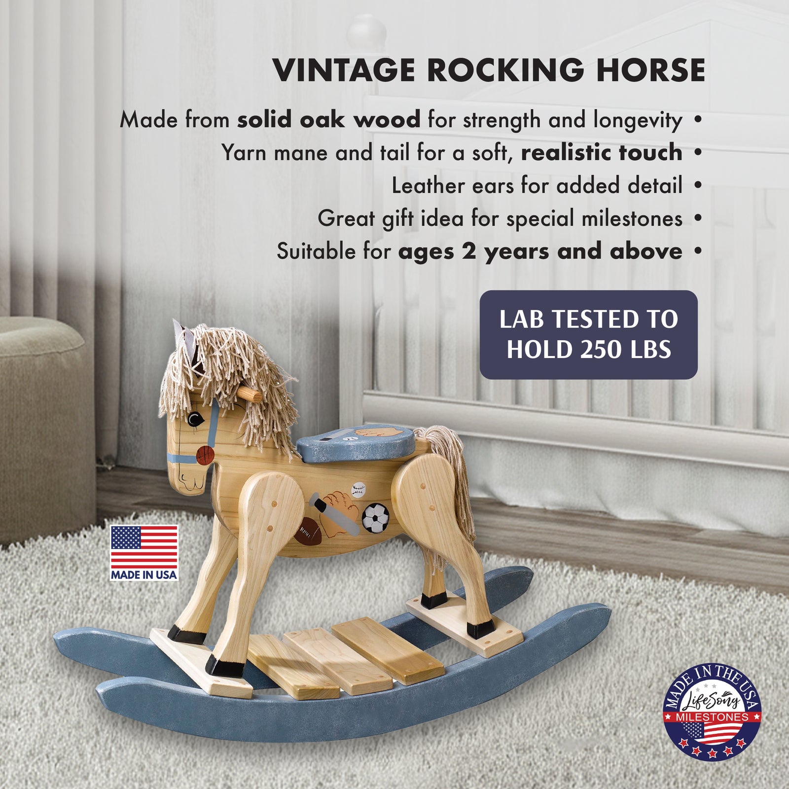 Vintage style wooden rocking horse product info graphic