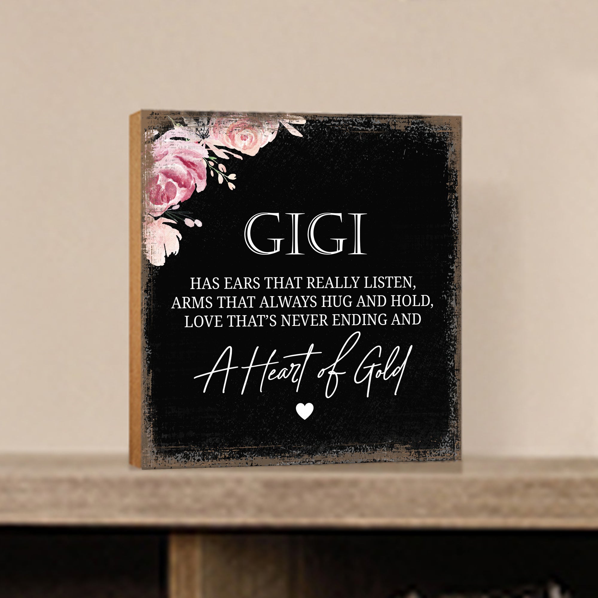 Gigi Has Ears Heart Floral 6x6 Inches Wood Family Art Sign Tabletop and Shelving For Home Décor