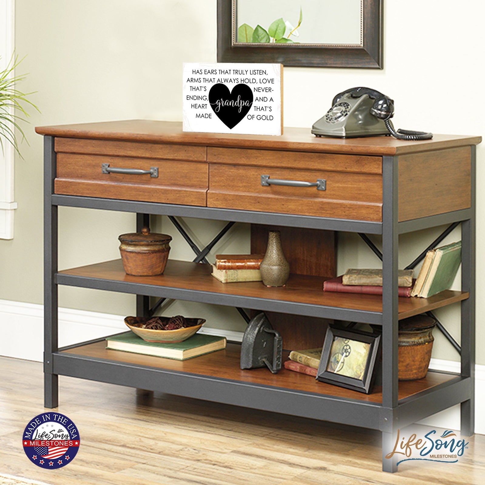 LifeSong Milestones Wooden Table Top and Shelf Home Décor Gift for Grandfather