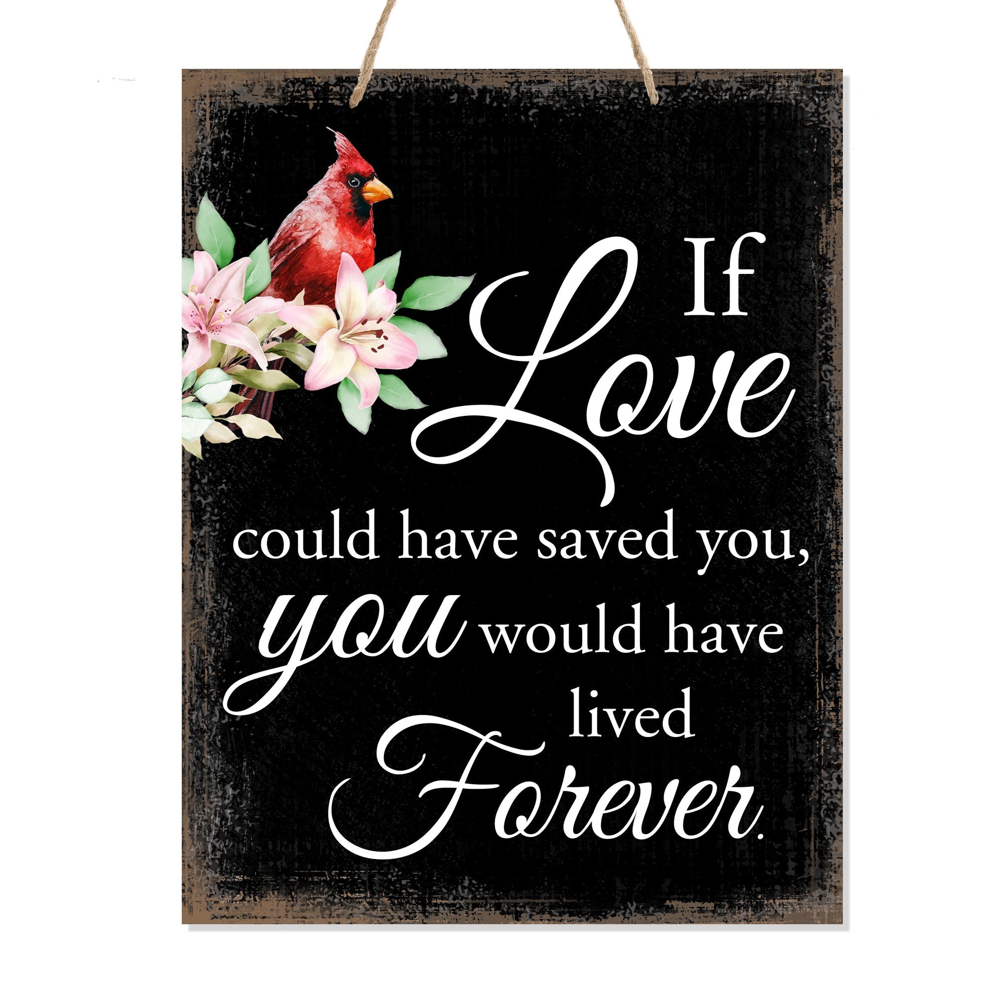 Thoughtful memorial gifts for the loss of a loved one – a wooden hanging sign adorned with a cardinal ribbon.