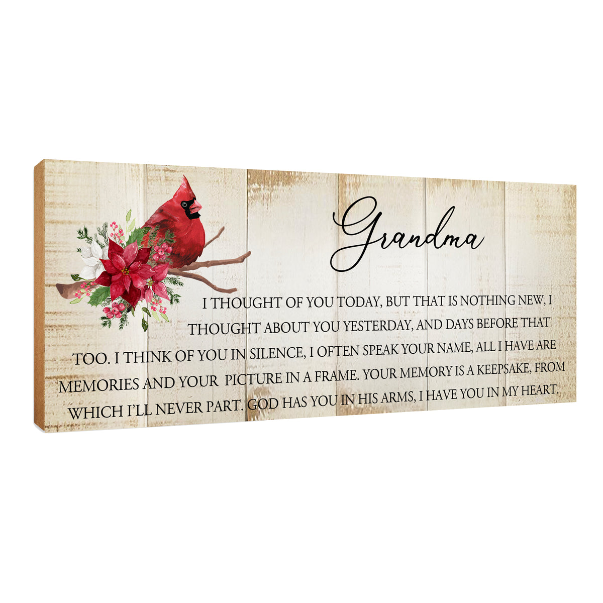 Wooden memorial shelf décor with a cardinal design.