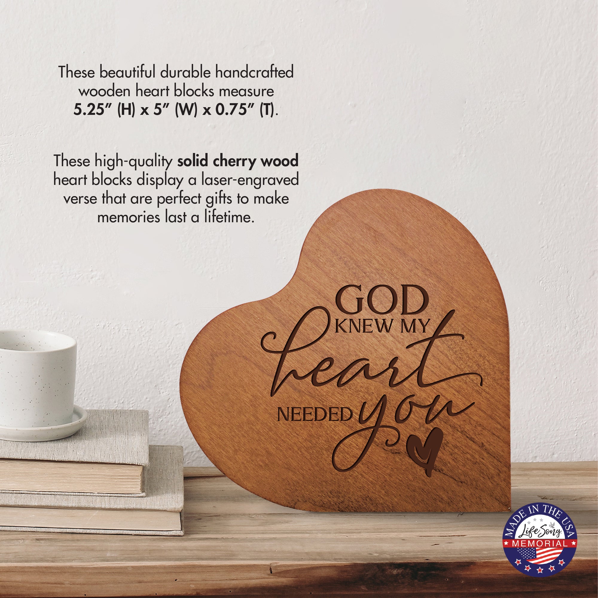 Memorial gift for the loss of a loved one: intricately engraved solid wood heart-shaped tabletop sign.
