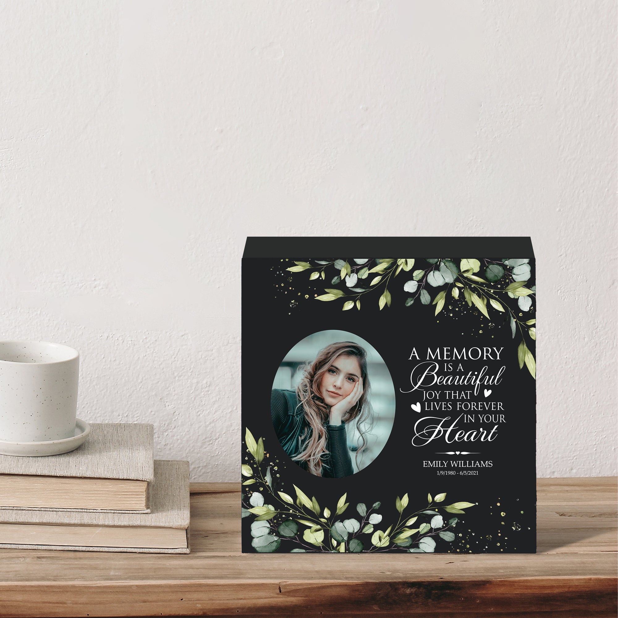 Timeless Human Memorial Shadow Box Photo Urn in Black - A Memory Is A Beautiful Joy