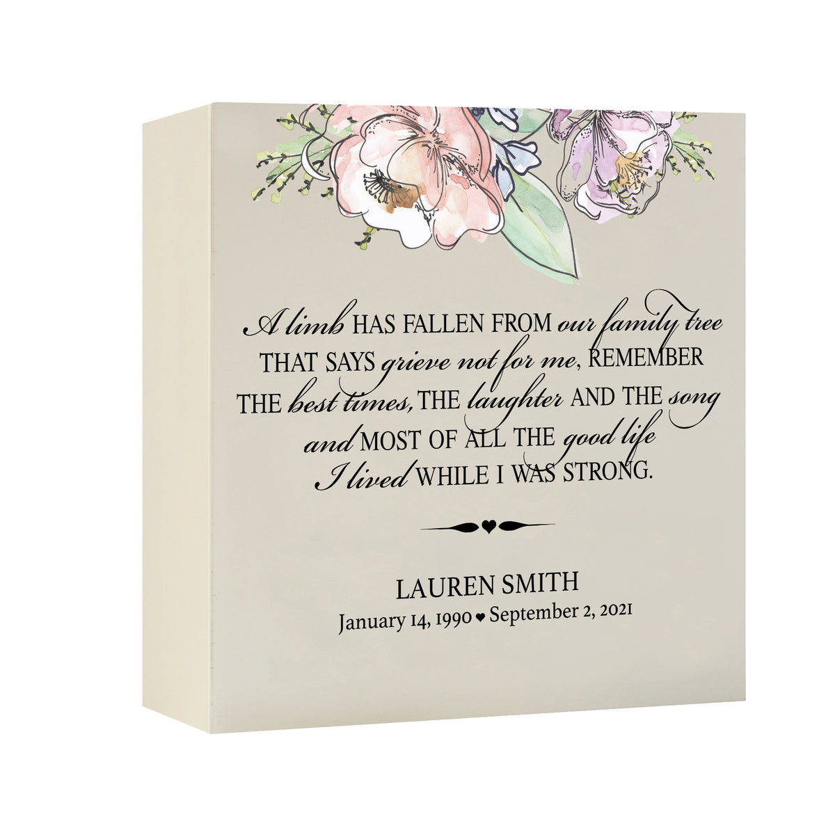 Timeless Human Memorial Shadow Box Urn With Inspirational Verse in Ivory - A Limb Has Fallen