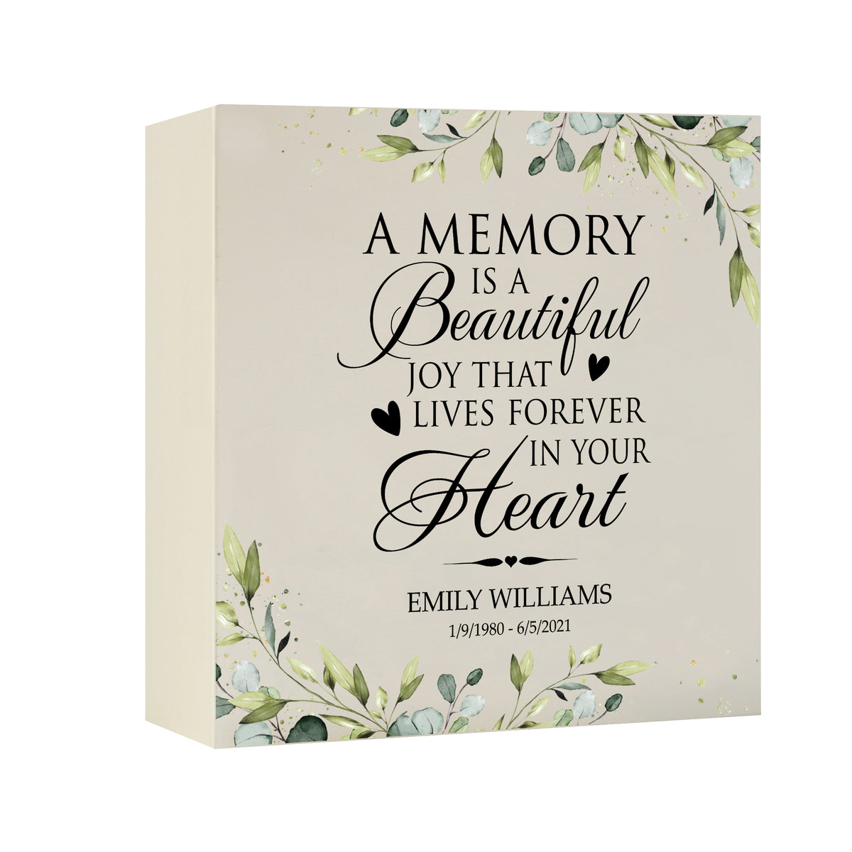 Timeless Human Memorial Shadow Box Urn With Inspirational Verse in Ivory - A Memory Is A Beautiful Joy