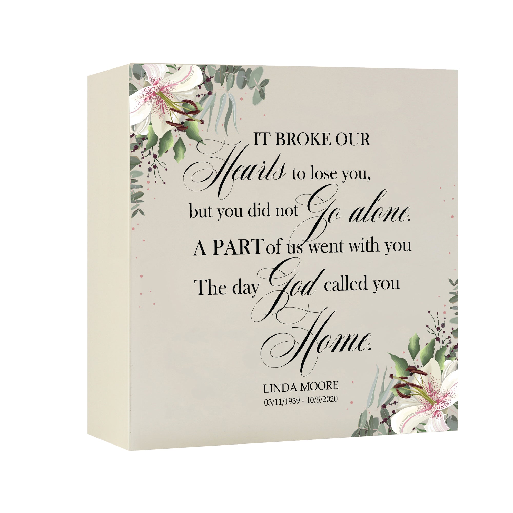Timeless Human Memorial Shadow Box Urn With Inspirational Verse in Ivory - It Broke Our Hearts