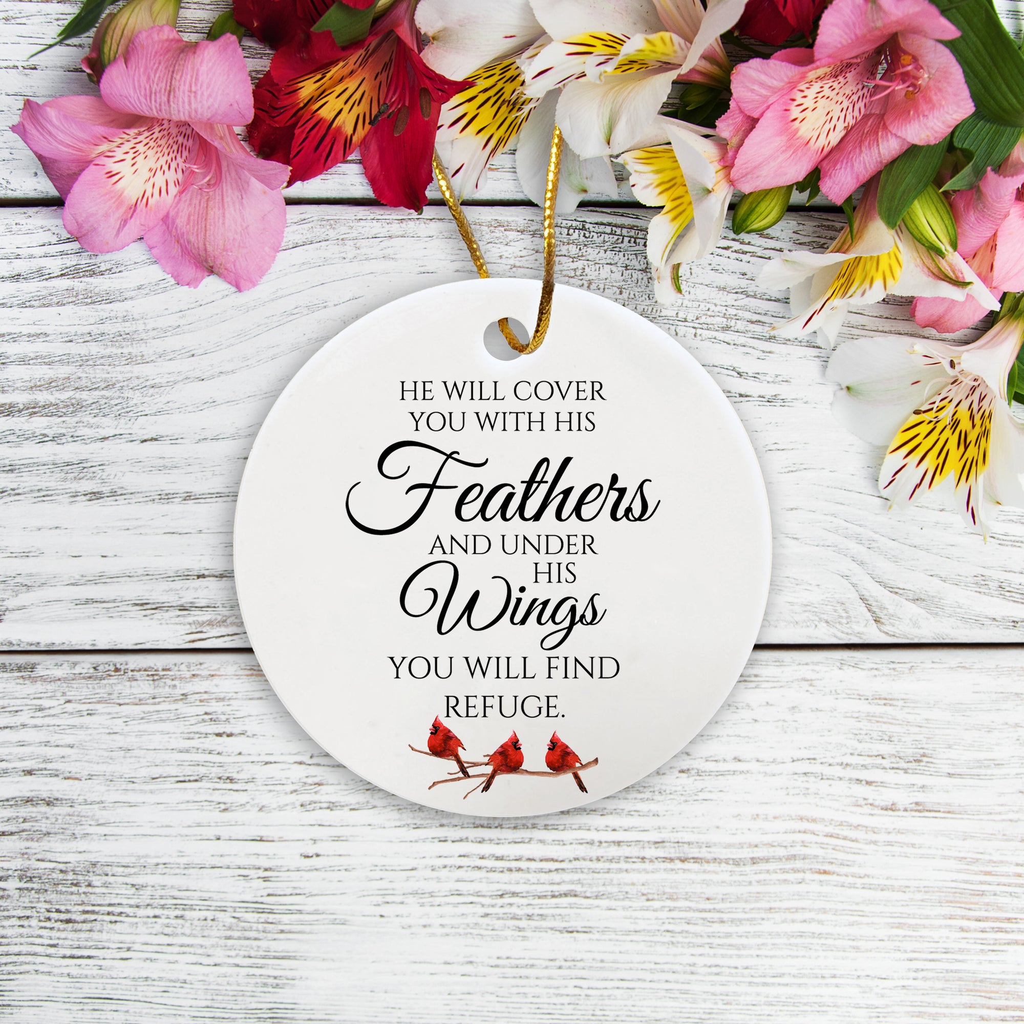Meaningful gift idea: white ceramic cardinal ornament with verses