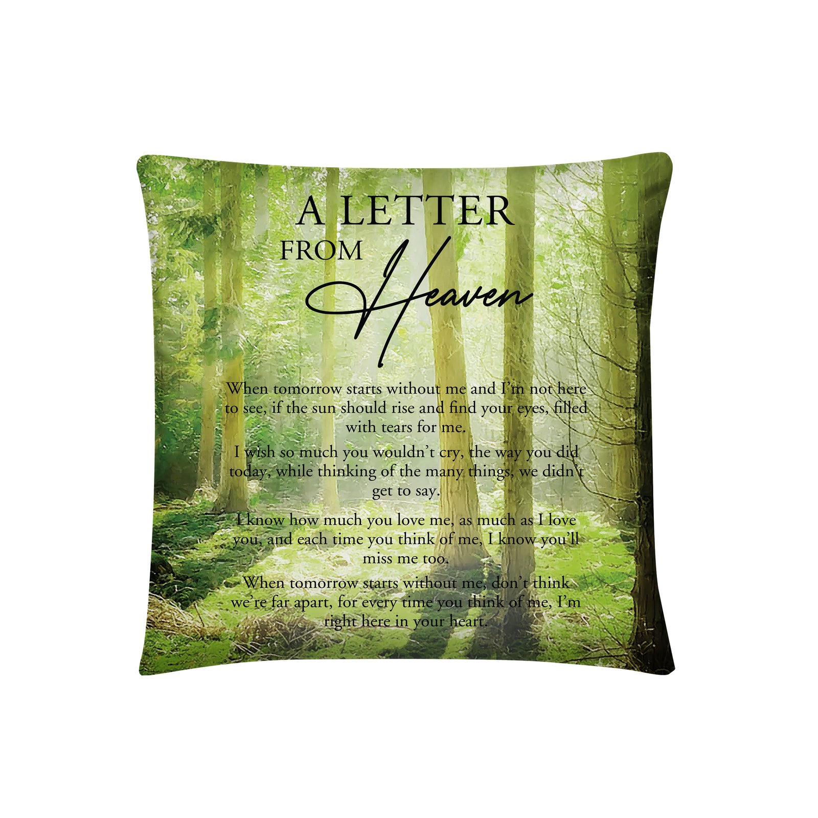 A sympathy pillow with a beautiful, digitally printed memorial design on a polyester case.