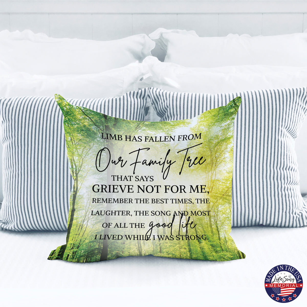 A sympathy pillow with a beautiful, digitally printed memorial design on a polyester case.