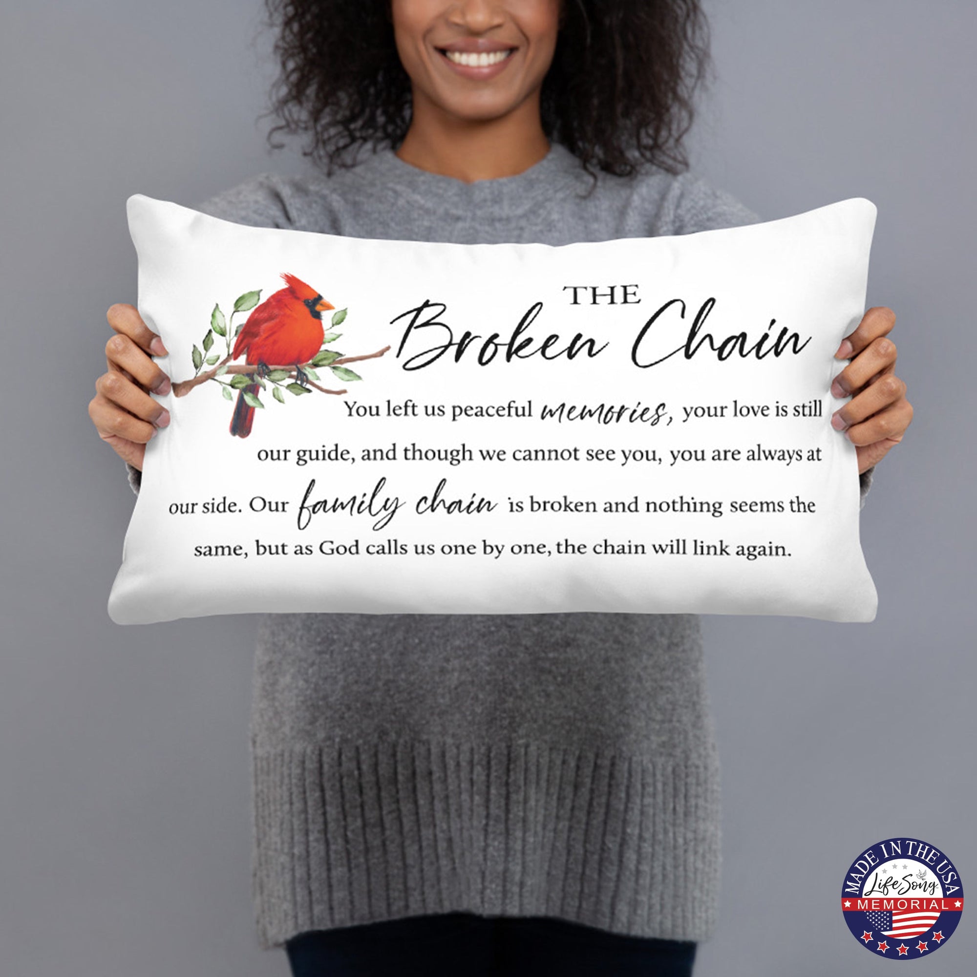 A sympathy pillow with a beautiful, digitally printed memorial design on a polyester case.