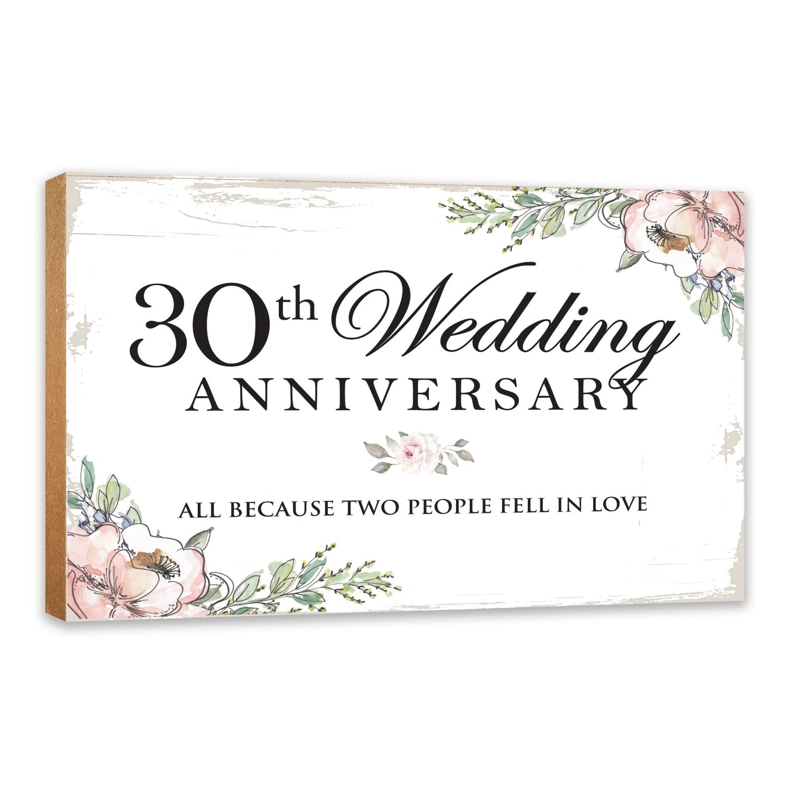30th Pearl Wedding Anniversary shelf decor sign with 'Fell In Love' message - white distressed finish