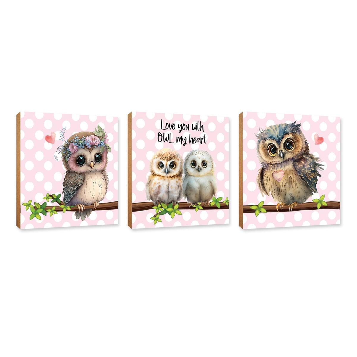3pc Wooden Plaque |Owl Collection Table and Shelf Decor Valentines GIft Ideas - LifeSong Milestones