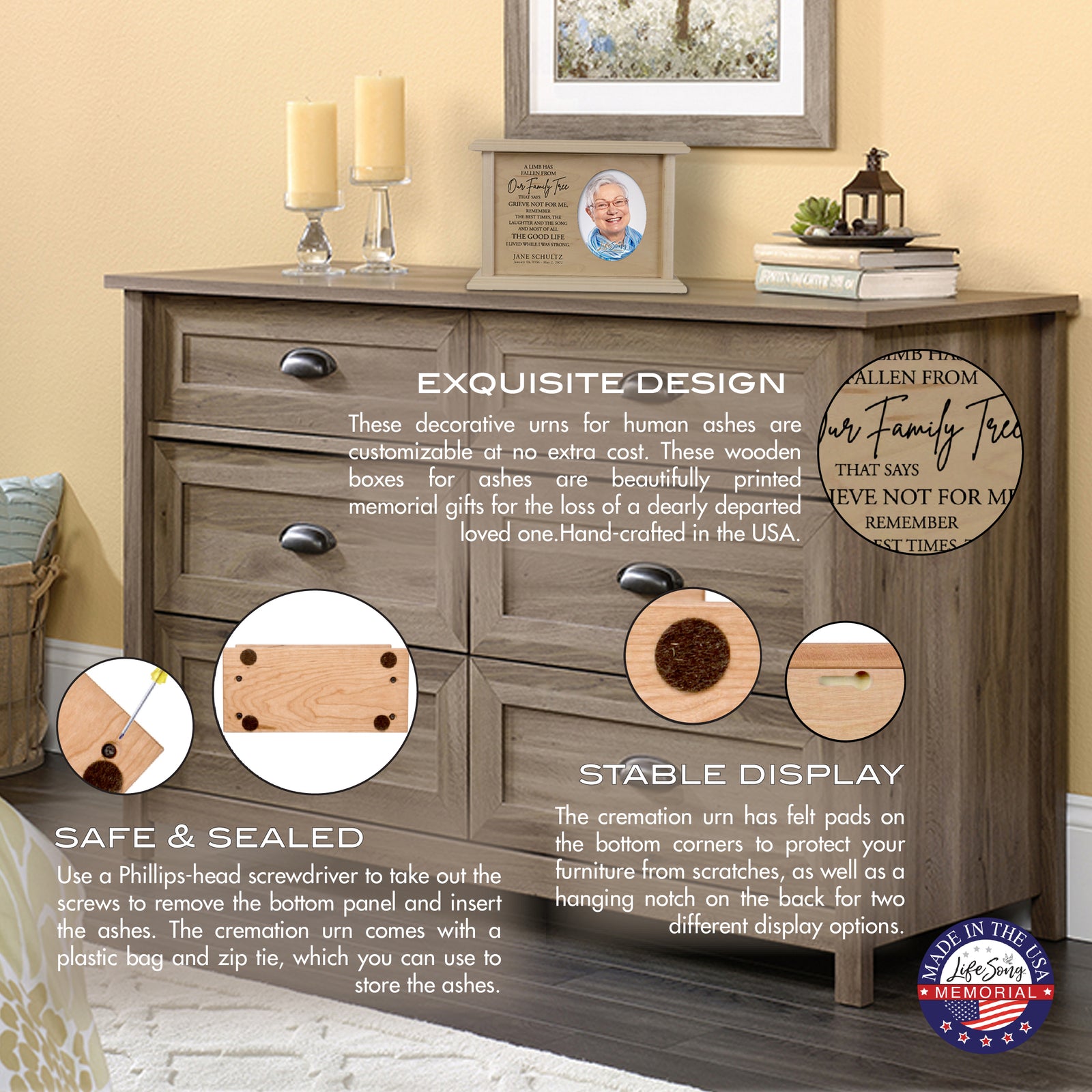 Personalized Vintage-Inspired Memorial Cremation Wooden Oval Photo Urn For Human Ashes - A Limb Has fallen - LifeSong Milestones