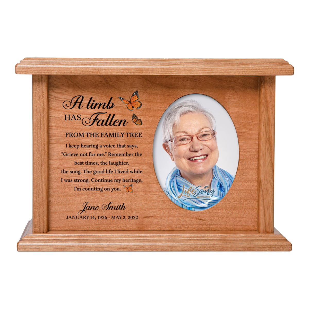 Personalized Vintage-Inspired Memorial Cremation Wooden Oval Photo Urn For Human Ashes - A Limb Has fallen - LifeSong Milestones