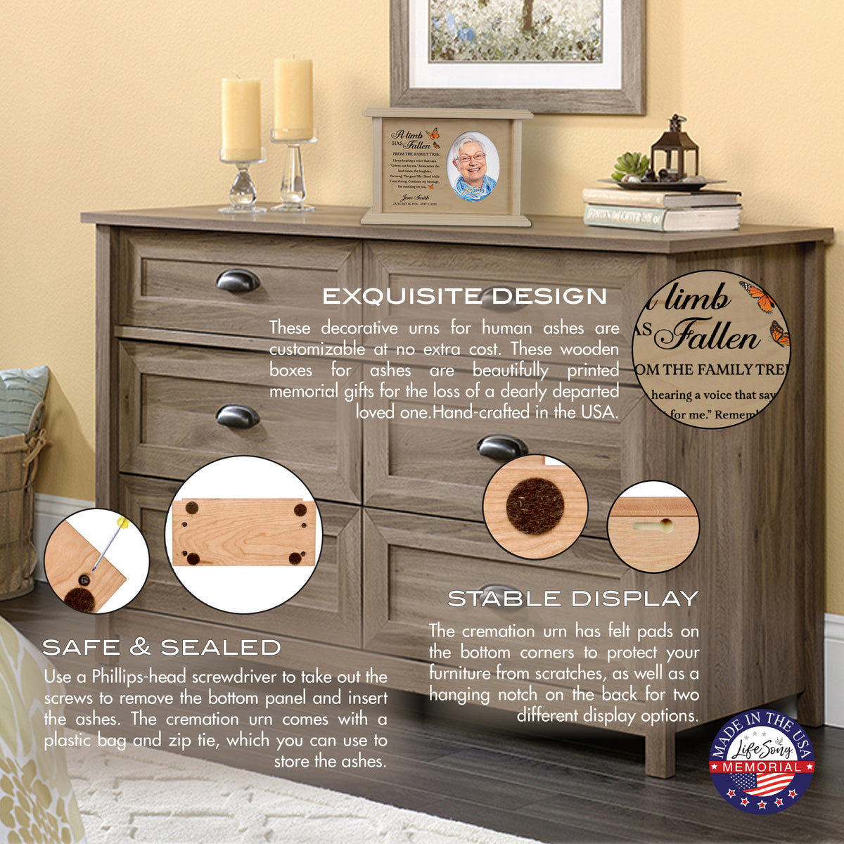 Personalized Vintage-Inspired Memorial Cremation Wooden Oval Photo Urn For Human Ashes - A Limb Has fallen - LifeSong Milestones