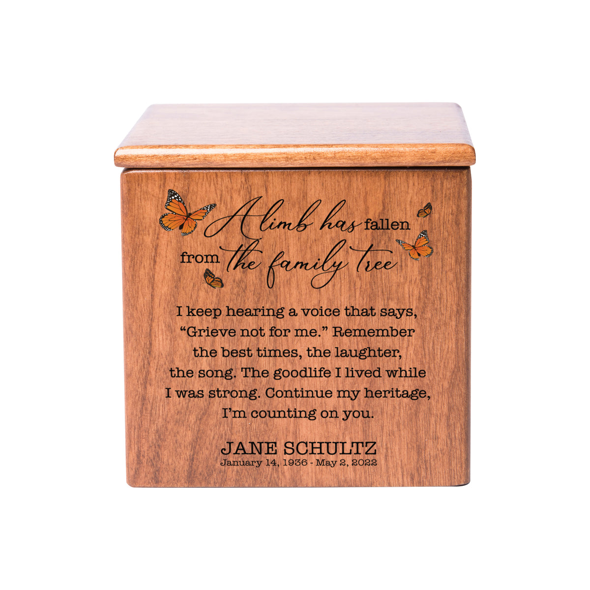 Custom-Engraved Memorial Cremation Wooden Keepsake Urn For Human Ashes - A Limb Has fallen