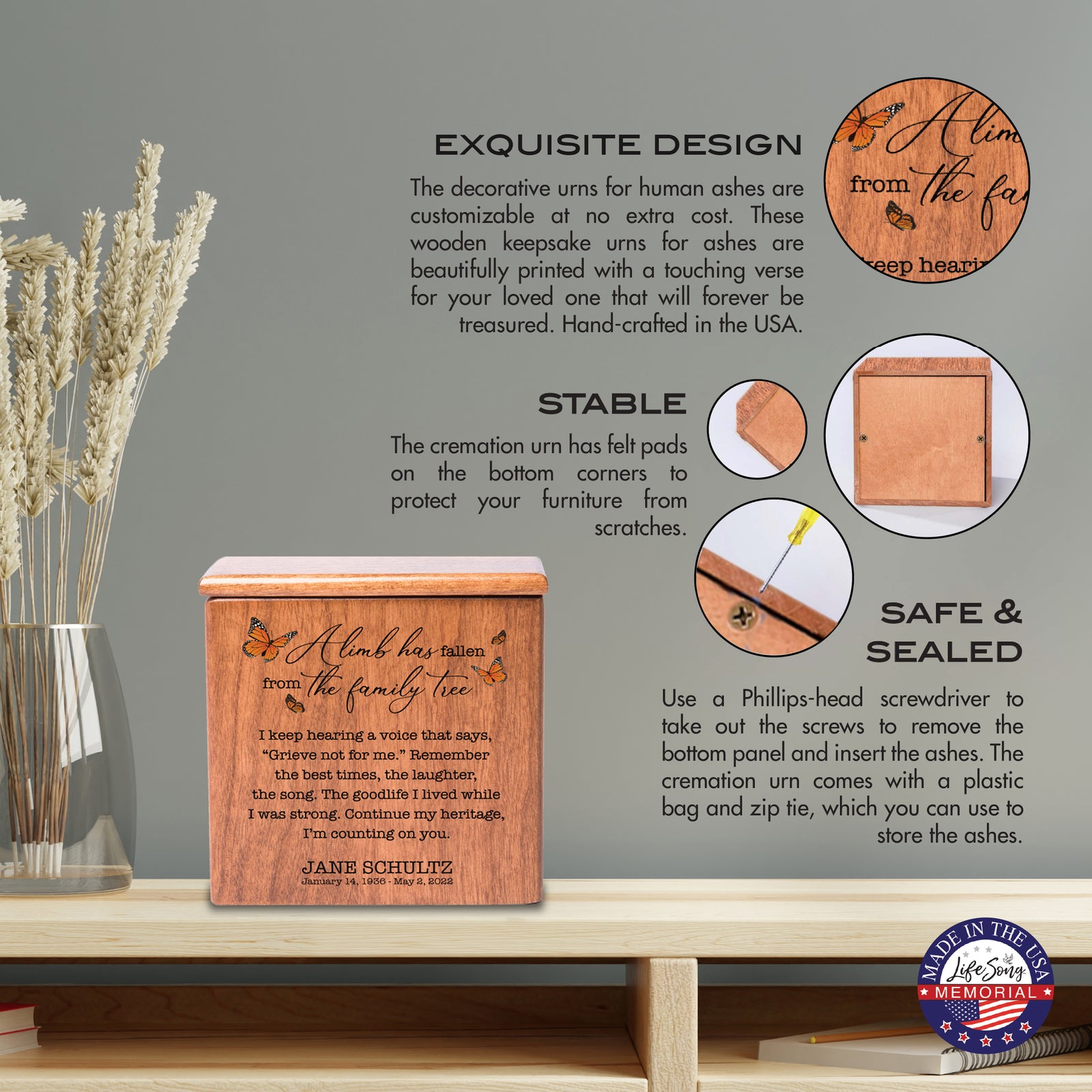 Custom-Engraved Memorial Cremation Wooden Keepsake Urn For Human Ashes - A Limb Has fallen