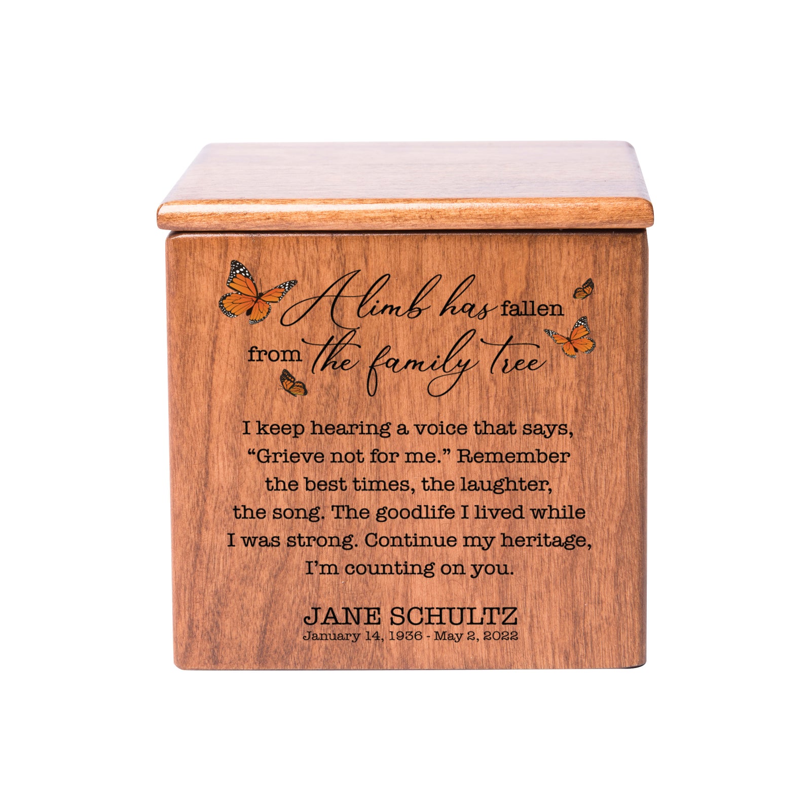 Custom-Engraved Memorial Cremation Wooden Keepsake Urn For Human Ashes - A Limb Has fallen