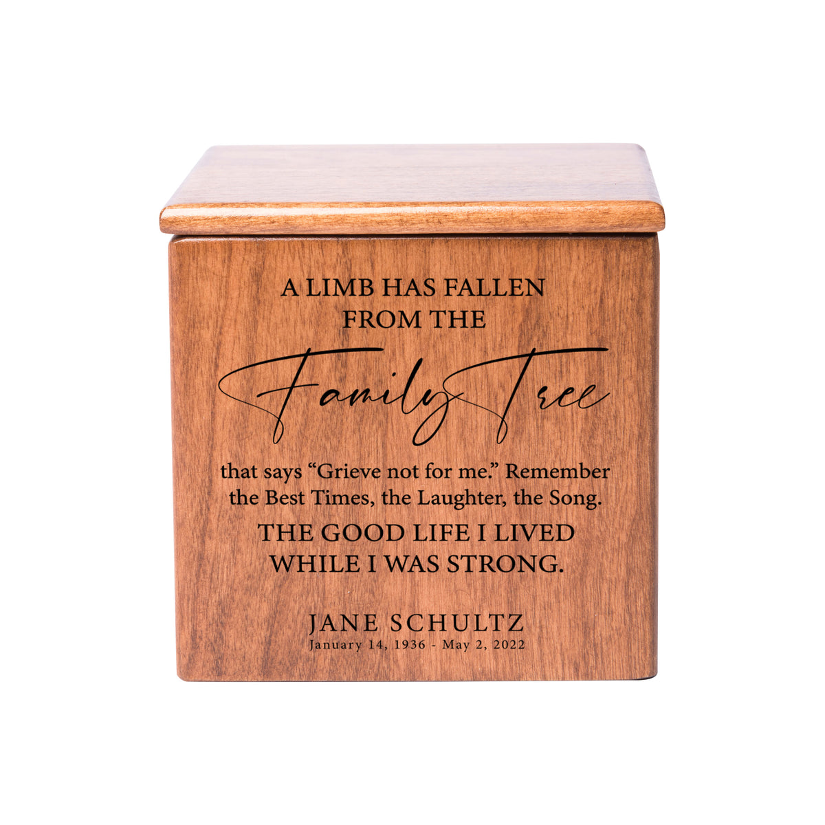 Small Wooden Keepsake Cremation Urn – "A Limb Has Fallen" | 17 Cu In Cherry Wood | USA Made