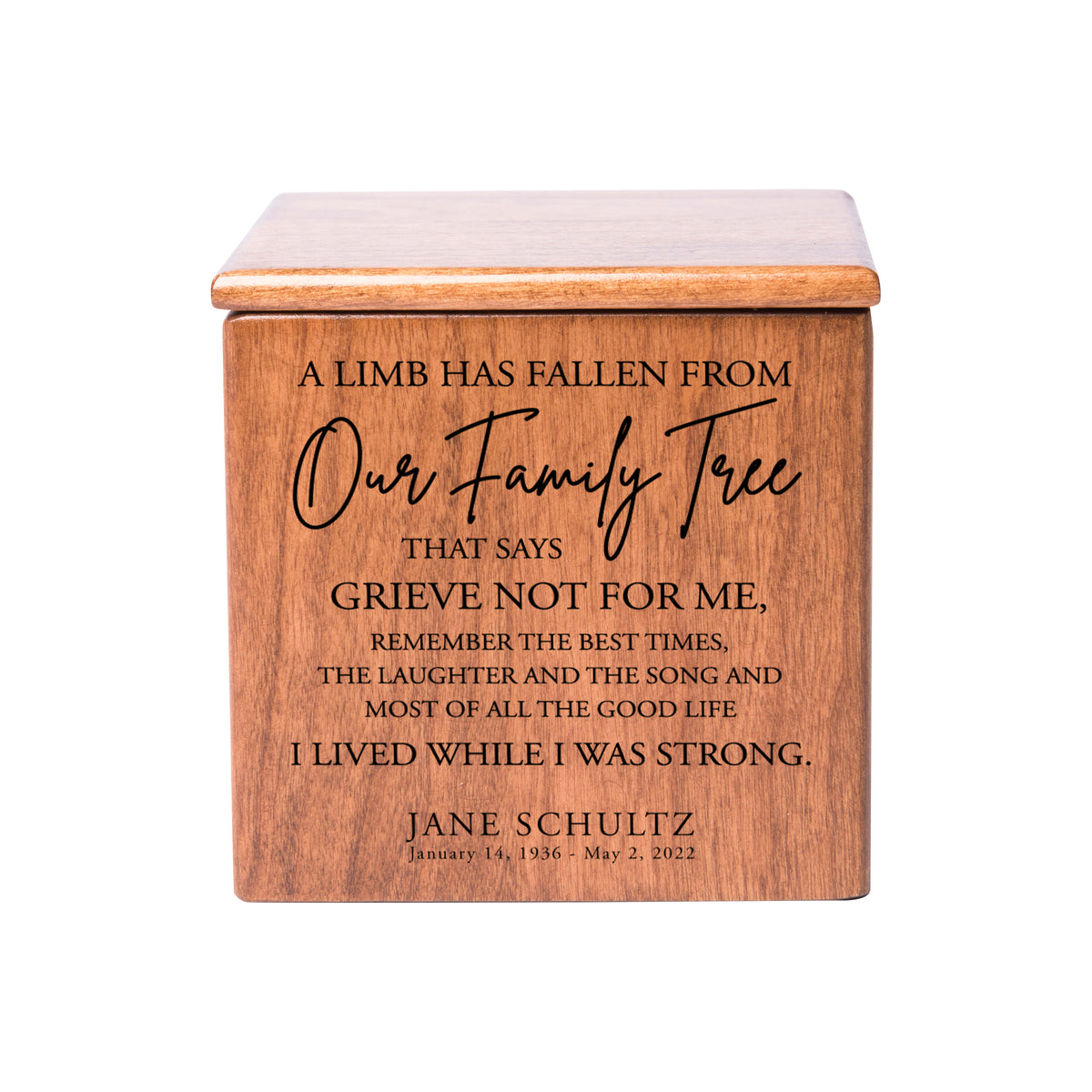Small Wooden Keepsake Cremation Urn – "A Limb Has Fallen" | 17 Cu In Cherry Wood | USA Made
