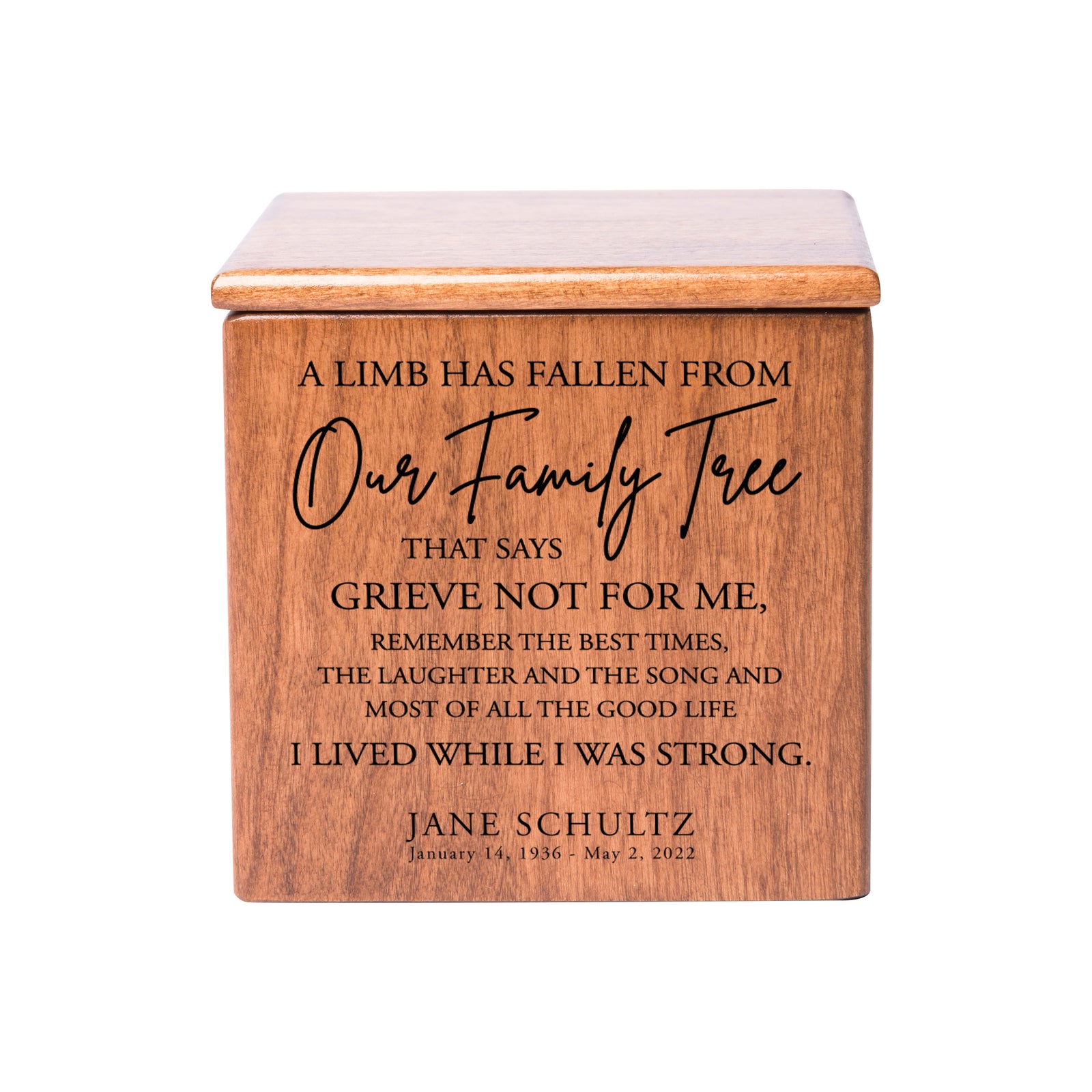 Small Wooden Keepsake Cremation Urn – "A Limb Has Fallen" | 17 Cu In Cherry Wood | USA Made