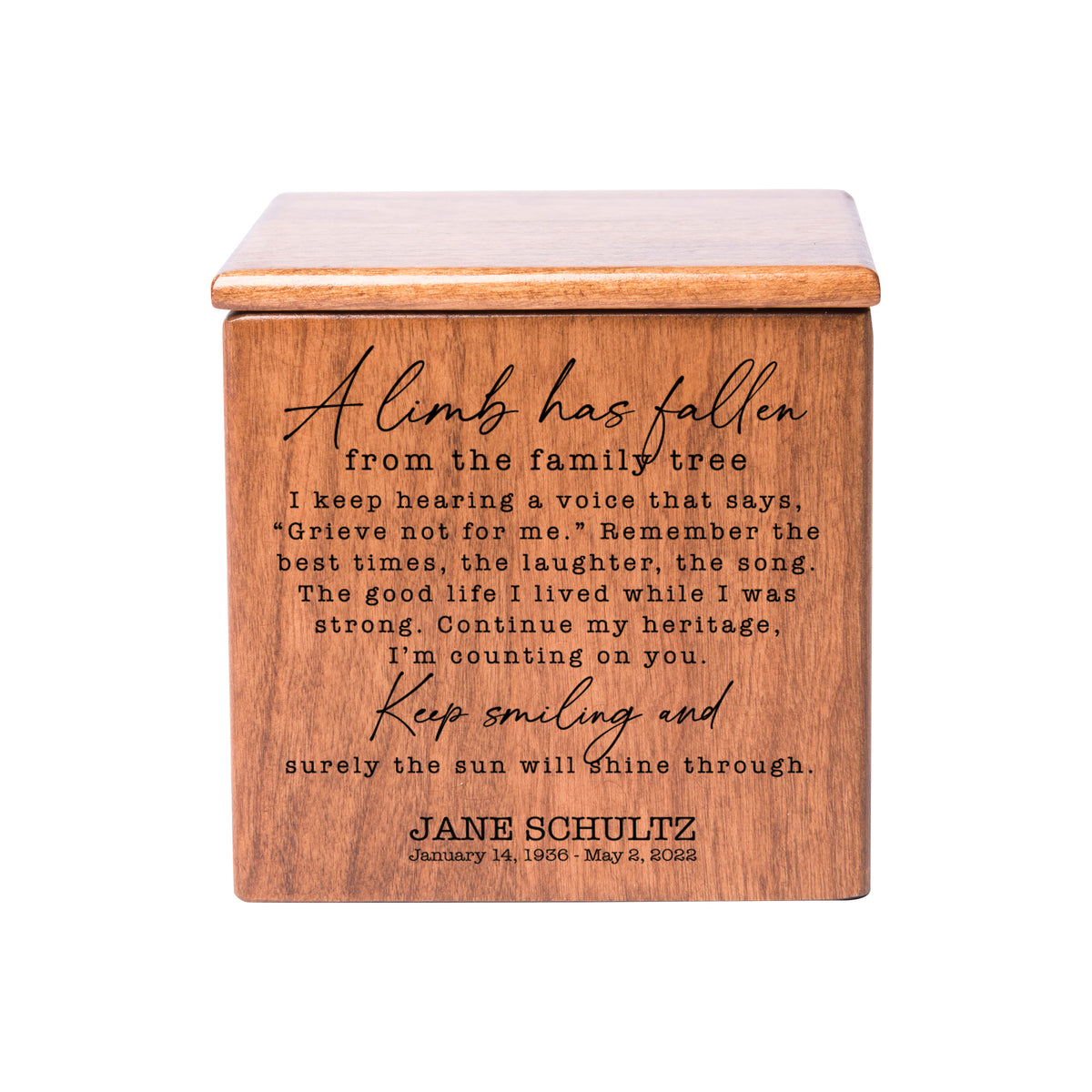 Small Wooden Keepsake Cremation Urn – "A Limb Has Fallen" | 17 Cu In Cherry Wood | USA Made