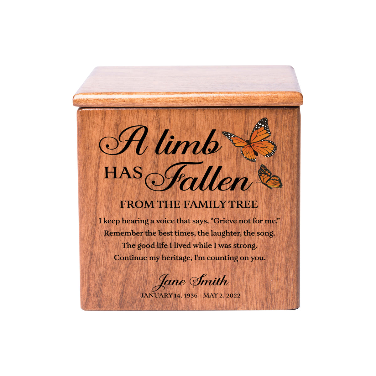 Small Wooden Keepsake Cremation Urn – "A Limb Has Fallen" | 17 Cu In Cherry Wood | USA Made