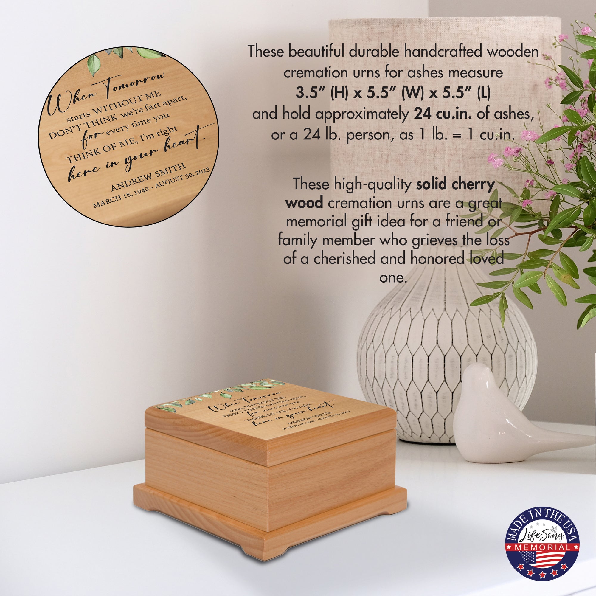 Personalized Wooden Memorial Cremation Keepsake Decorative Urn Box In Various Verses - LifeSong Milestones