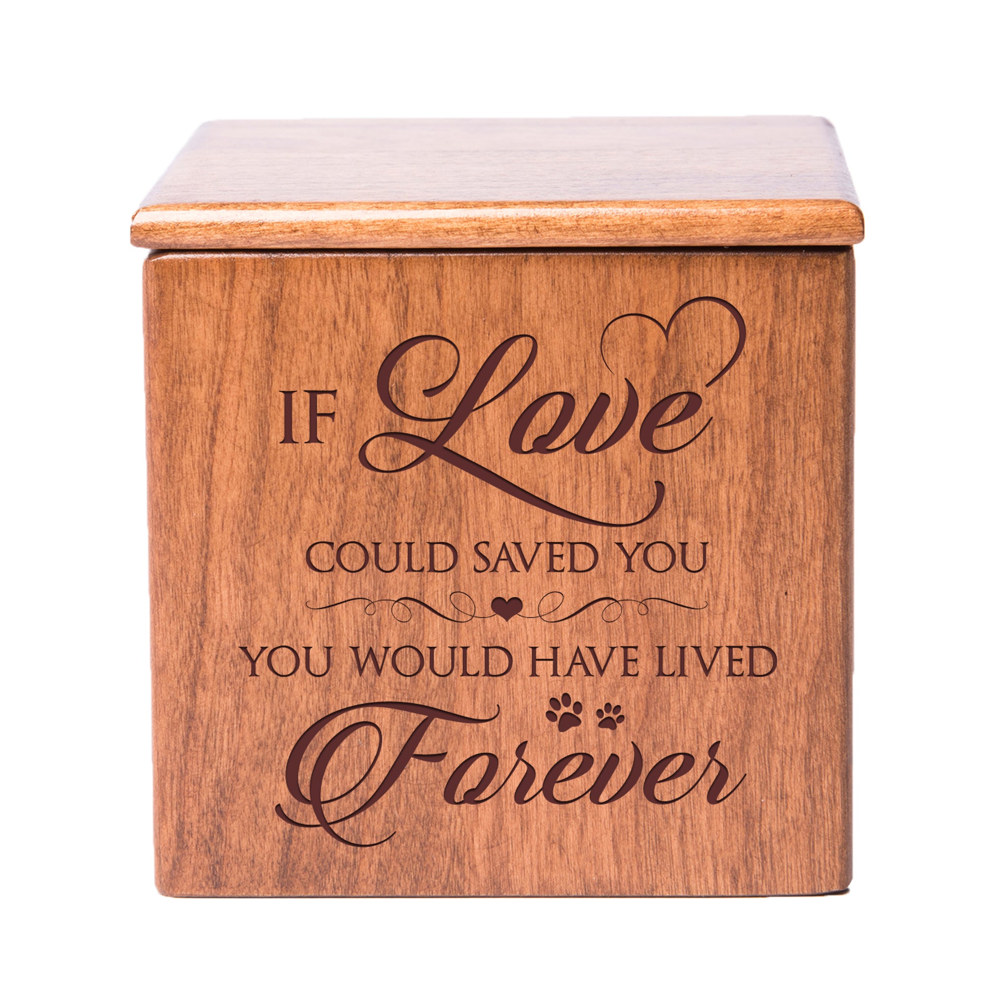 A small pet urn designed to hold the ashes of your beloved companion, elegantly crafted in wood with engraved details.