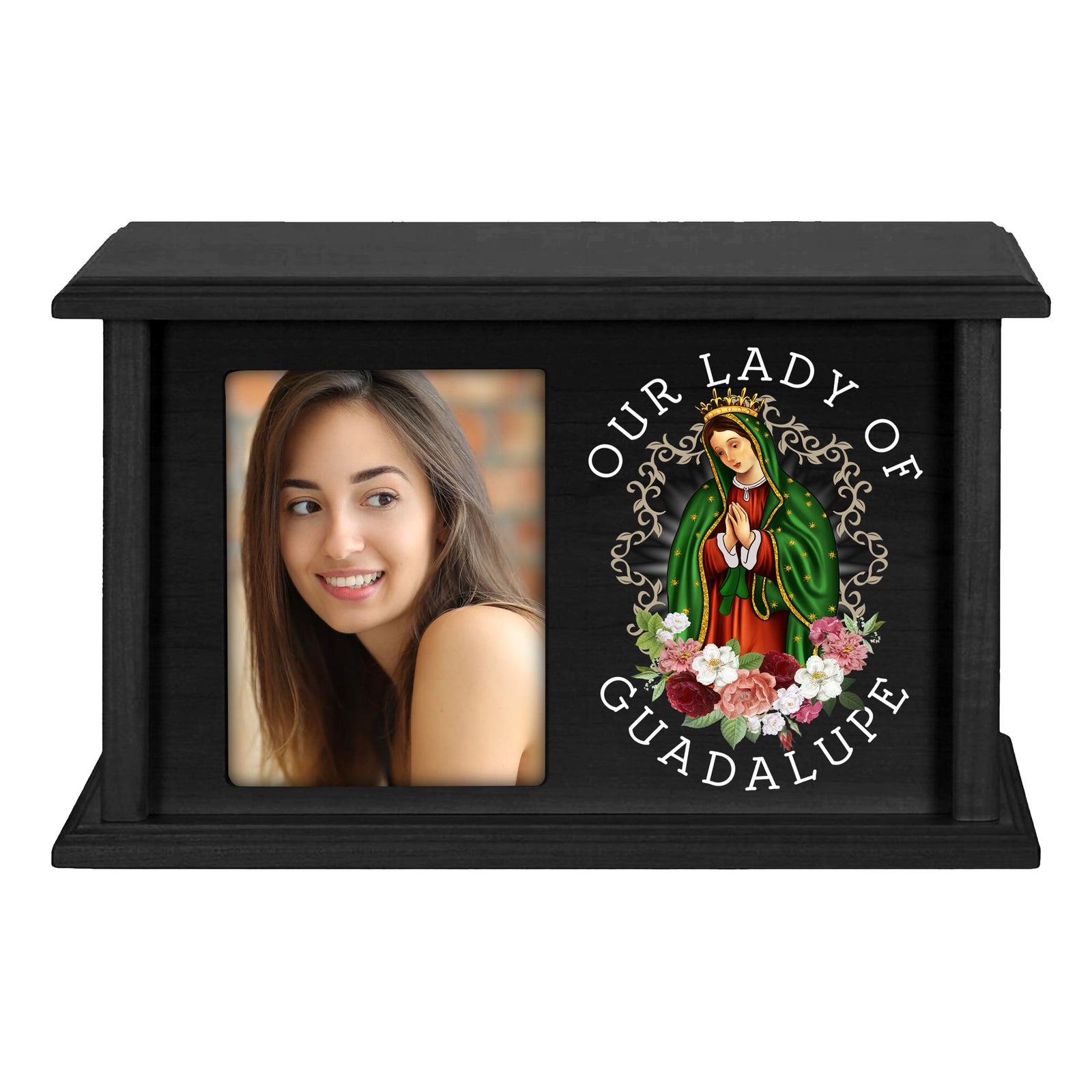 Virgin Lady of Guadalupe Memorial Cremation Horizontal Urn For Adult Human Ashes In Spanish